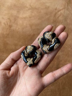 Marina B Diamond and Black Enamel Double Clip Brooch, circa 1970s