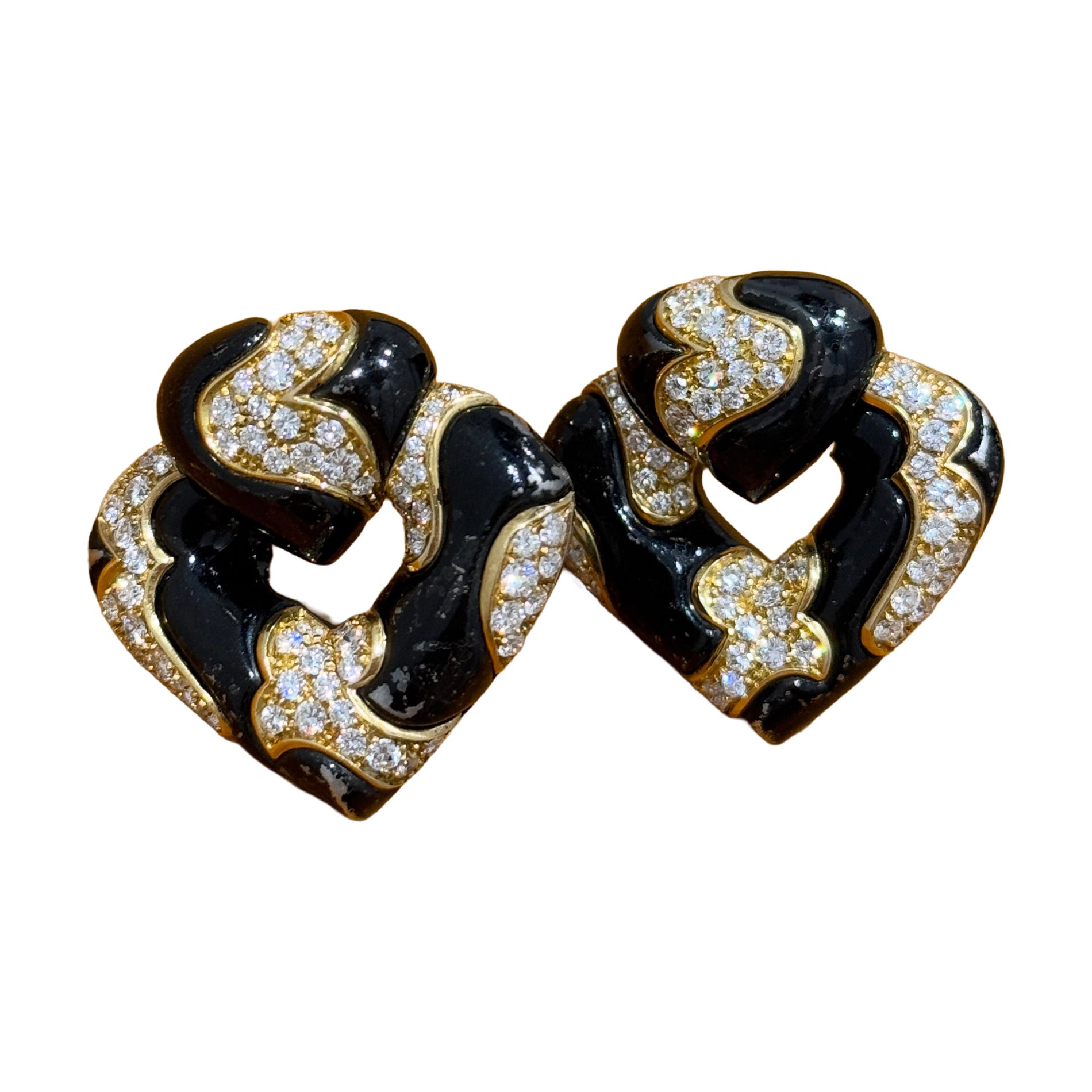 Marina B Diamond and Black Enamel Double Clip Brooch, circa 1970s For Sale