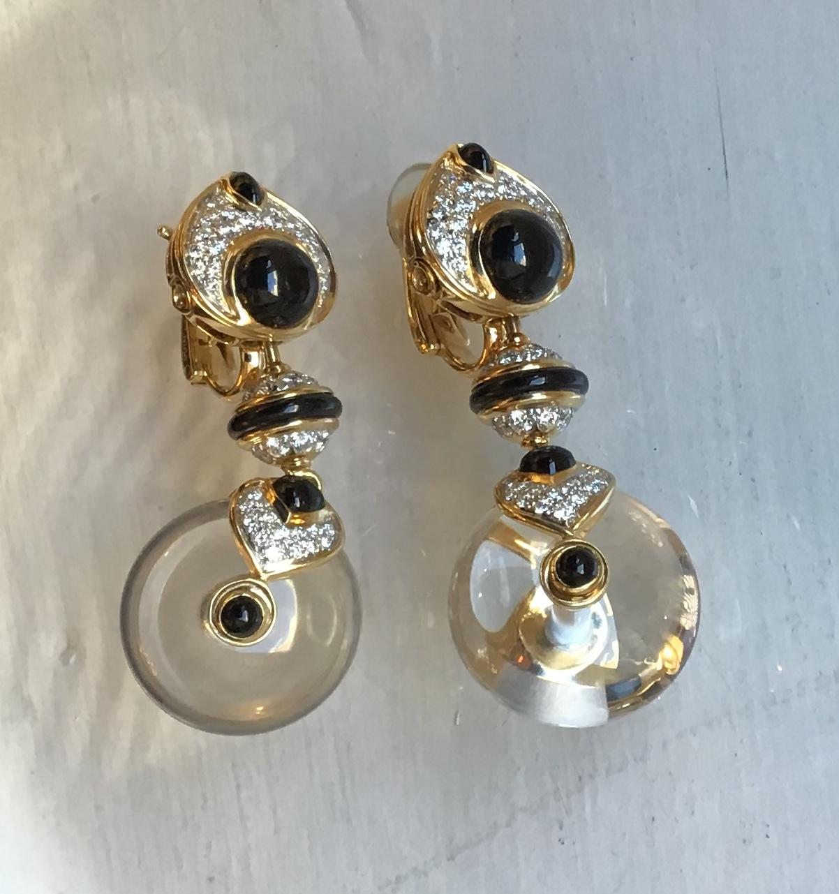 18-Karat Gold Pneu Earrings with 1.88ct Round Diamonds, 10.61ct Black Jade, 71.20ct Quartz.

Polished 18-karat yellow gold detachable hardware, post back.

Signed Marina B, Made in Italy
