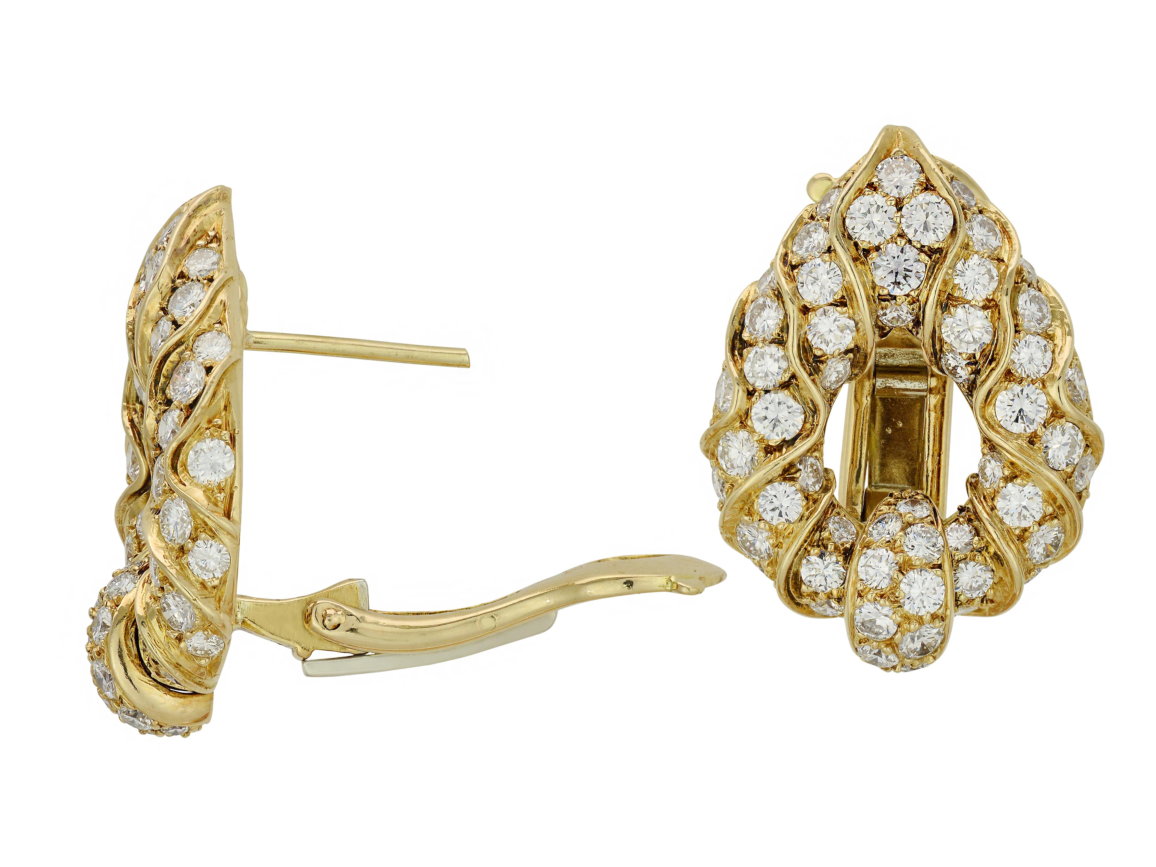 18 Karat Yellow Gold Earrings From Designer Marina B. The Earrings Feature 106 Round Diamonds Totaling Approximately 5.00 Carats of VS Clarity & G Color. Pierced Post with Supportive Clip Back. MSRP $20,000.00