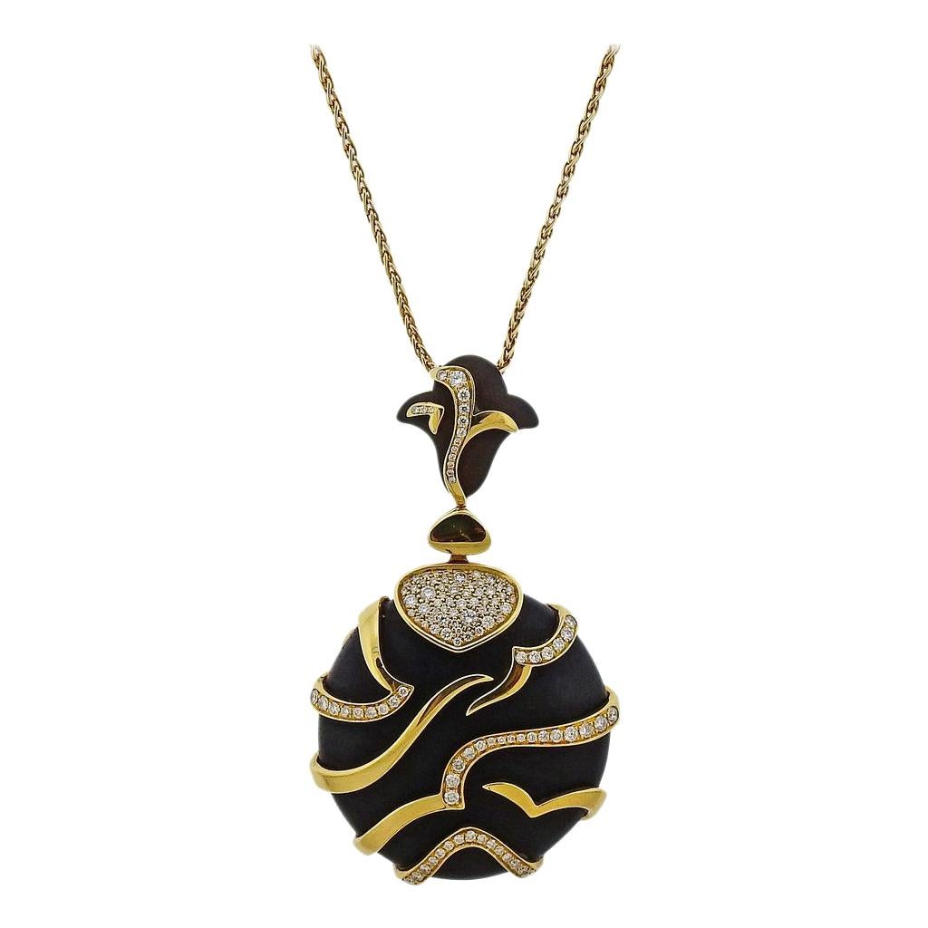 Marina B Diamond Wood Pendant Gold Necklace For Sale