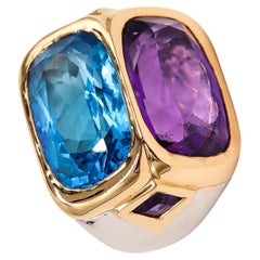 Retro Marina B. Doppio Cocktail Ring in 18Kt Gold with 24.78 Cts of Amethyst and Topaz