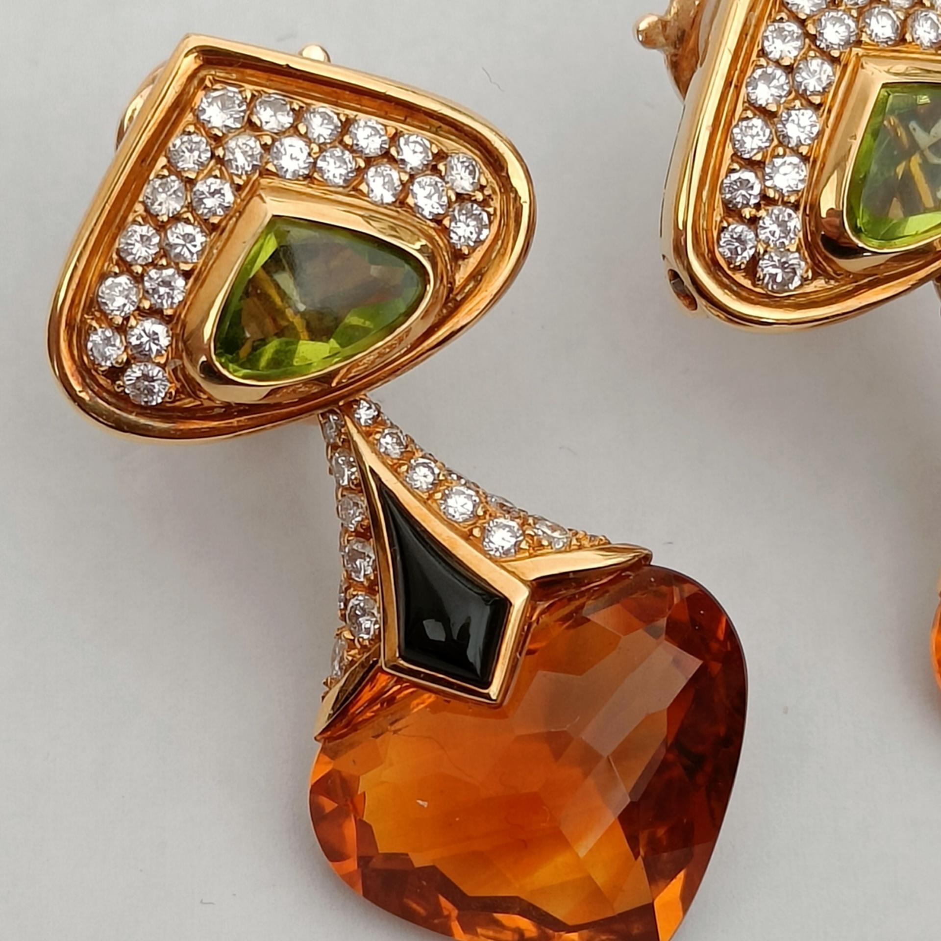 Pear Cut Marina B Earrings 18k Gold, Peridot, Diamonds, Citrice and Onyx For Sale