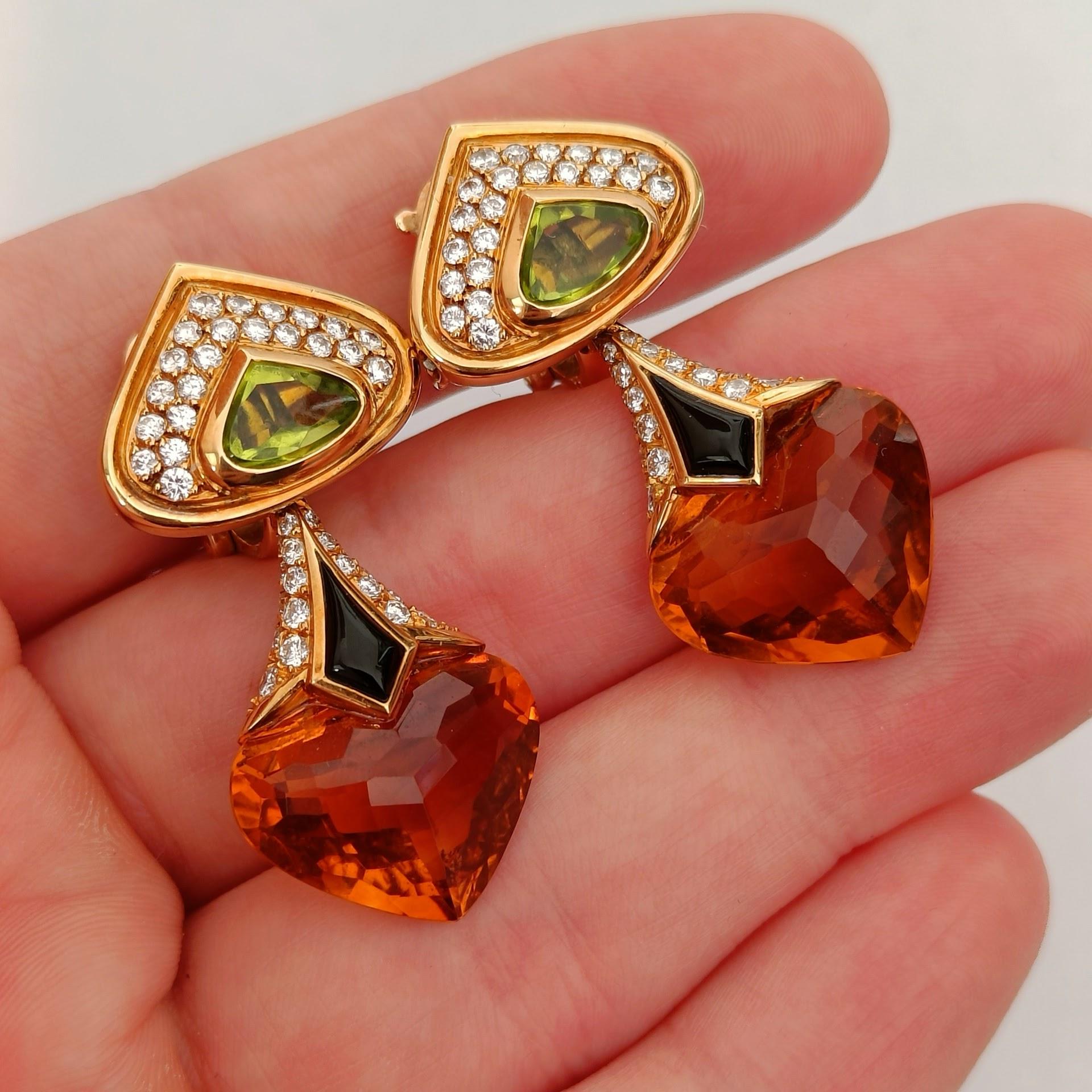Marina B Earrings 18k Gold, Peridot, Diamonds, Citrice and Onyx In Excellent Condition For Sale In Magenta, IT
