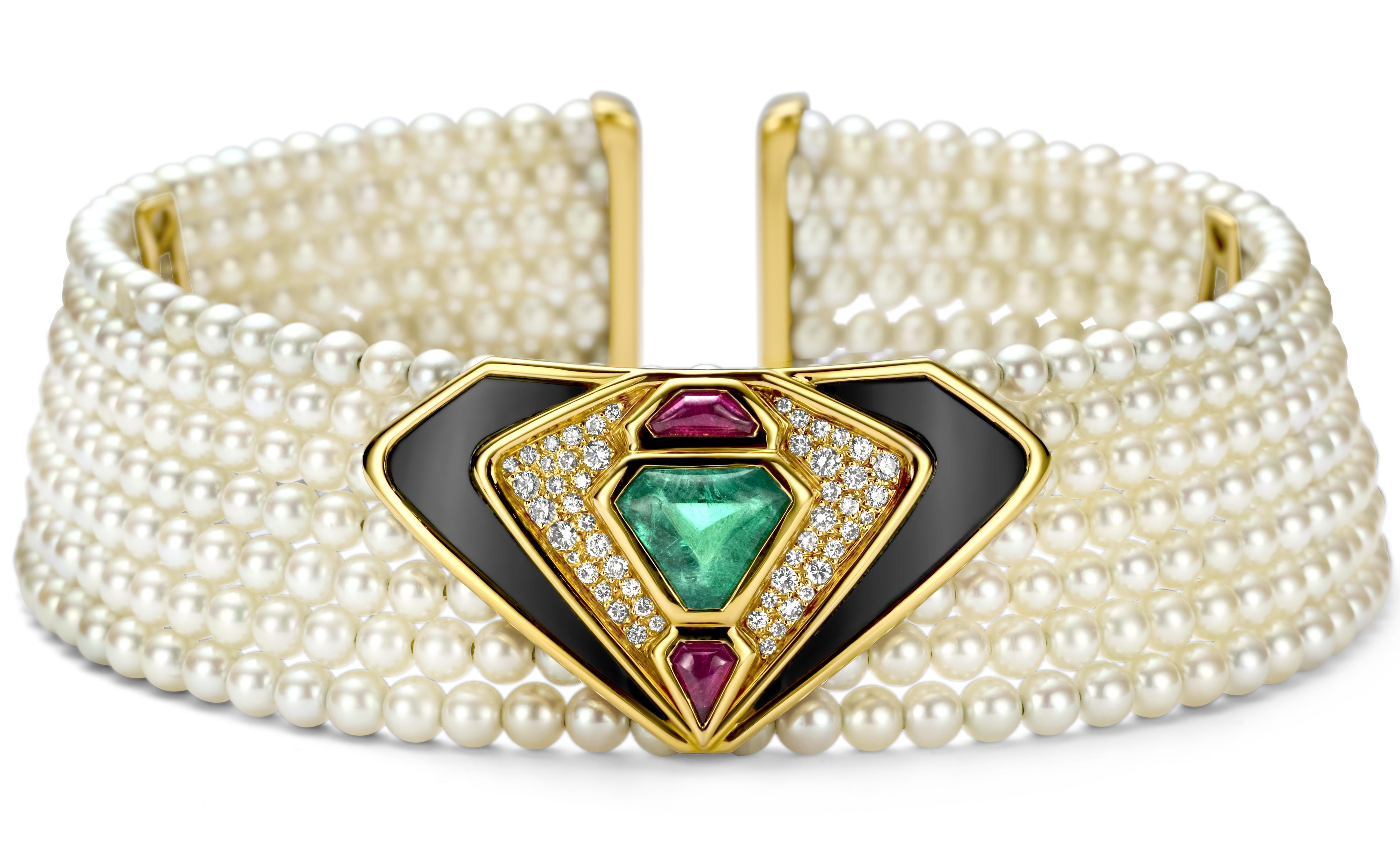 Marina B Halskette mit Smaragd, Diamanten, Onyx und Perlen (Kunsthandwerker*in) im Angebot