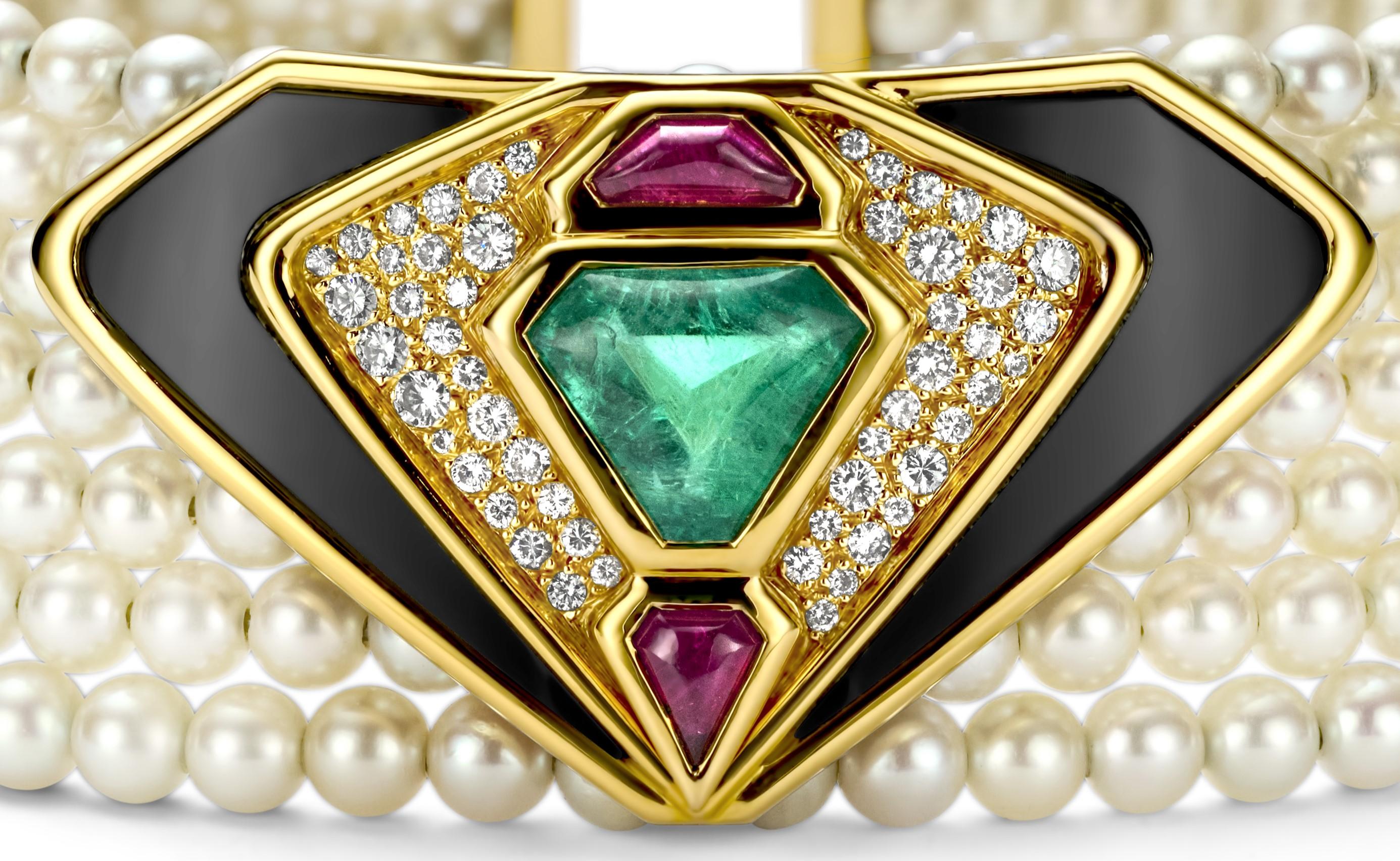 Marina B Halskette mit Smaragd, Diamanten, Onyx und Perlen (Smaragdschliff) im Angebot