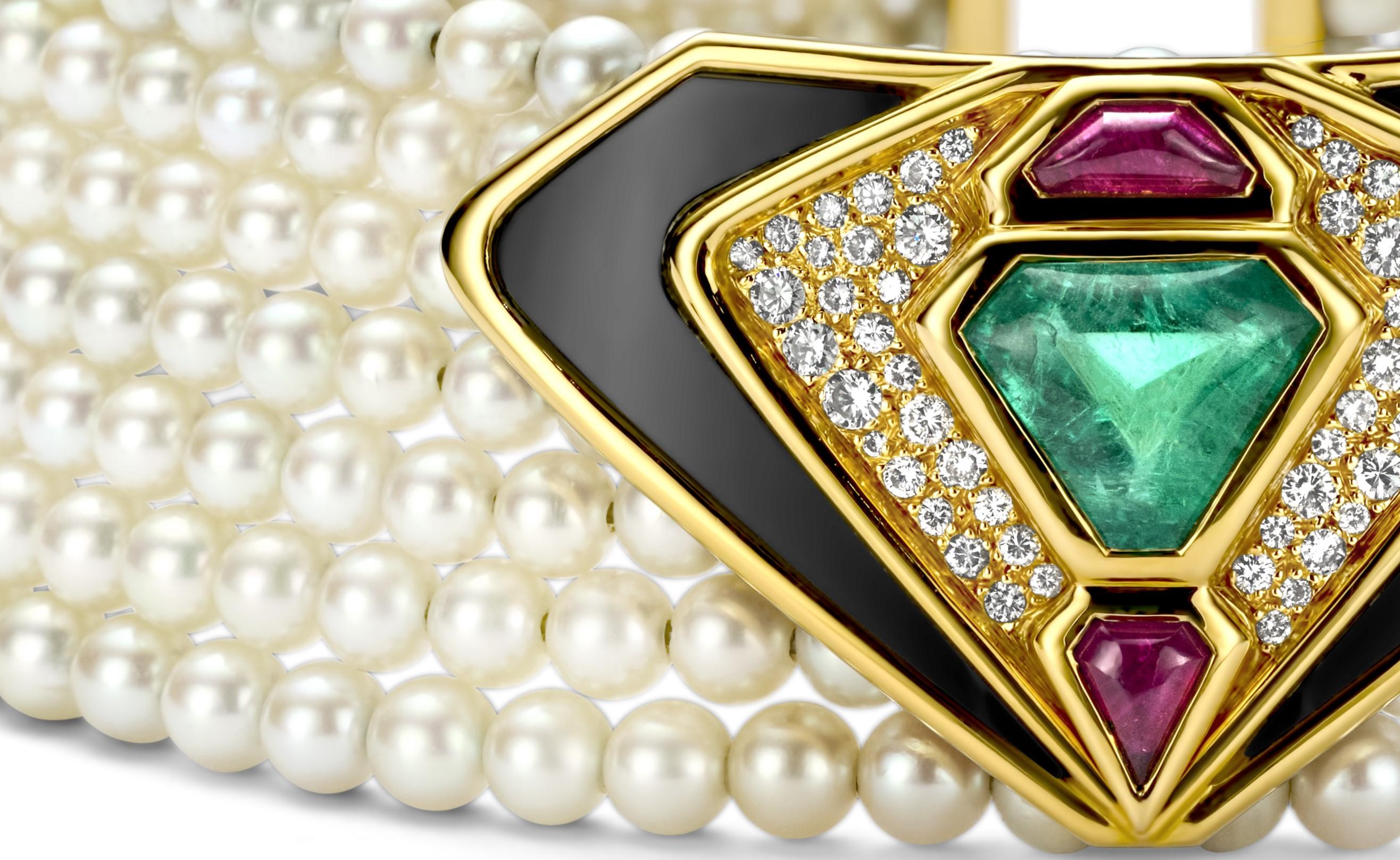 Artisan Marina B Emerald, Diamonds, Onyx & Pearl Necklace For Sale