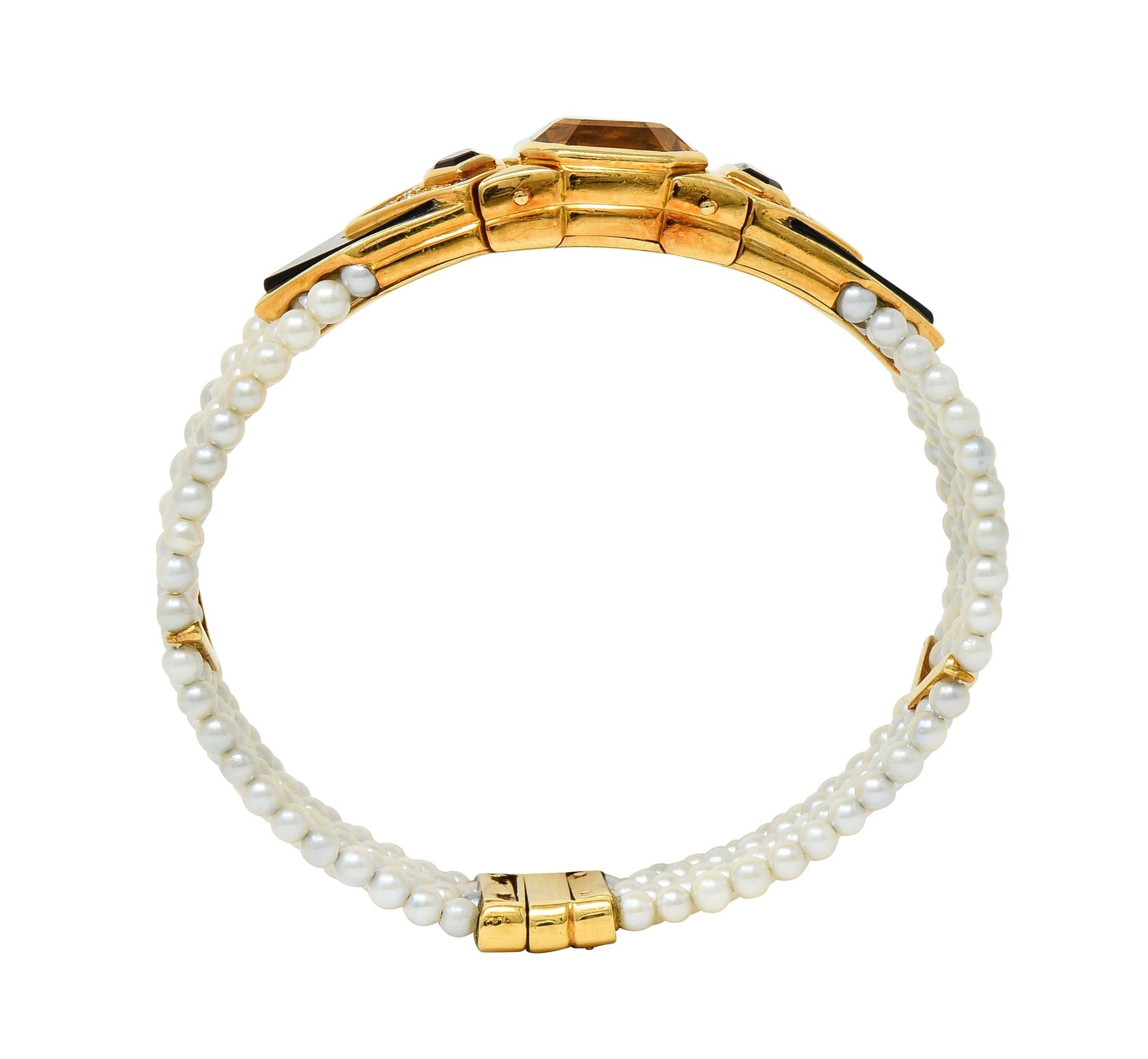 Marina B. French 1986 Citrine Diamond Onyx Pearl 18 Karat Gold Station Bracelet 5