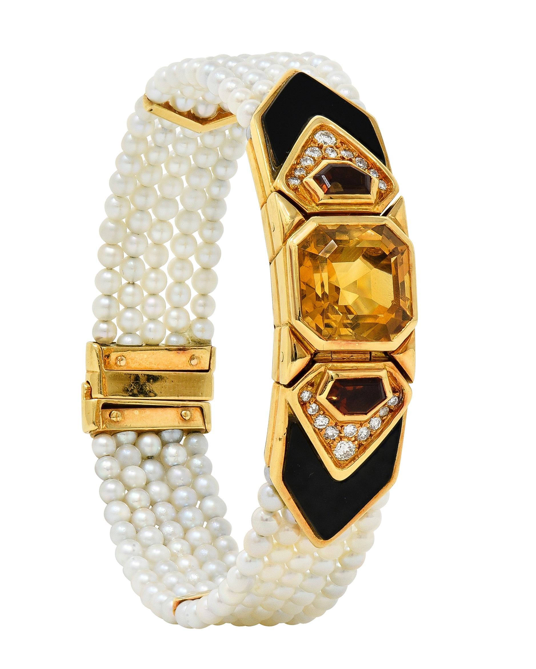 Marina B. French 1986 Citrine Diamond Onyx Pearl 18 Karat Gold Station Bracelet 6