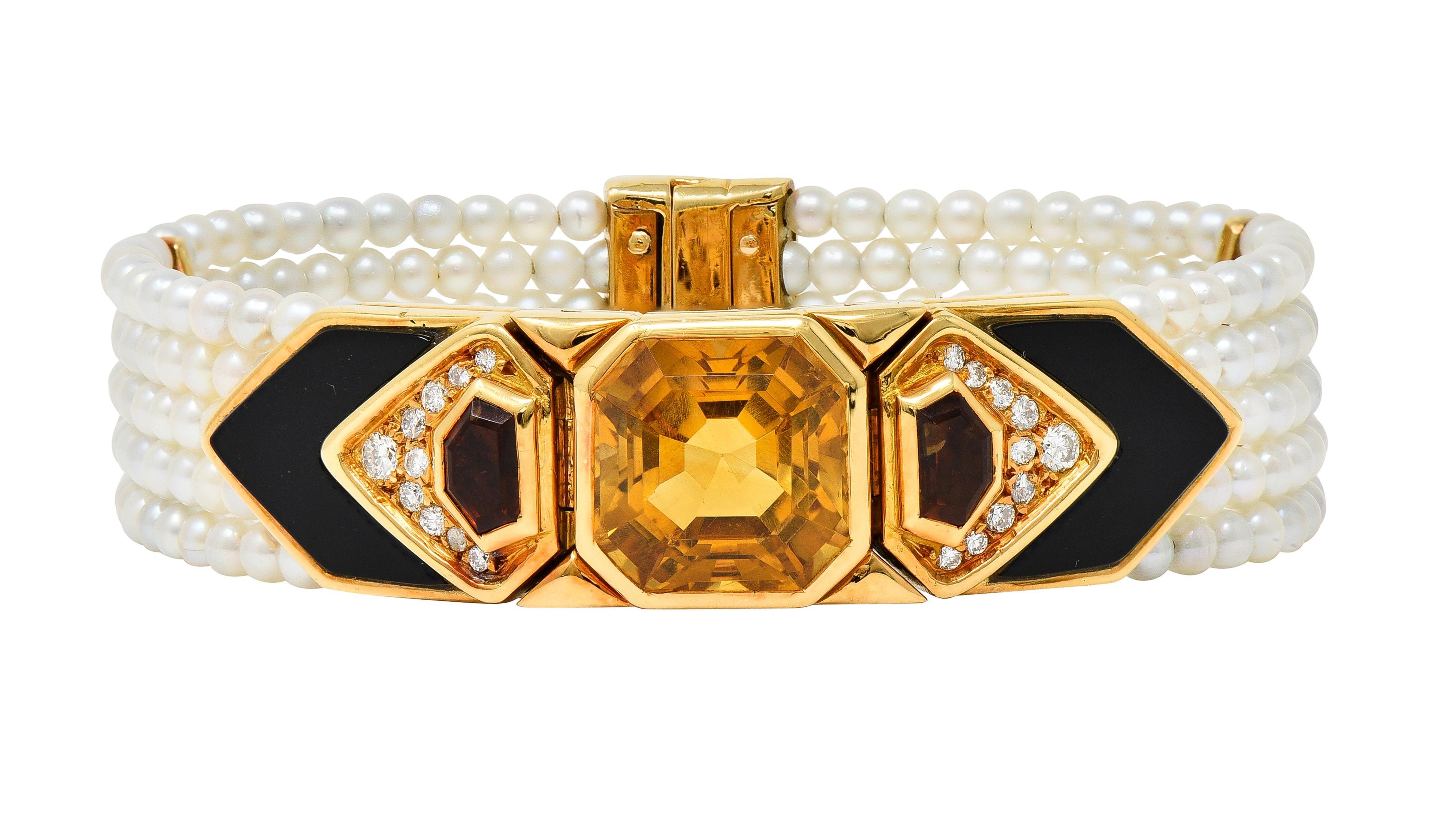 Contemporary Marina B. French 1986 Citrine Diamond Onyx Pearl 18 Karat Gold Station Bracelet