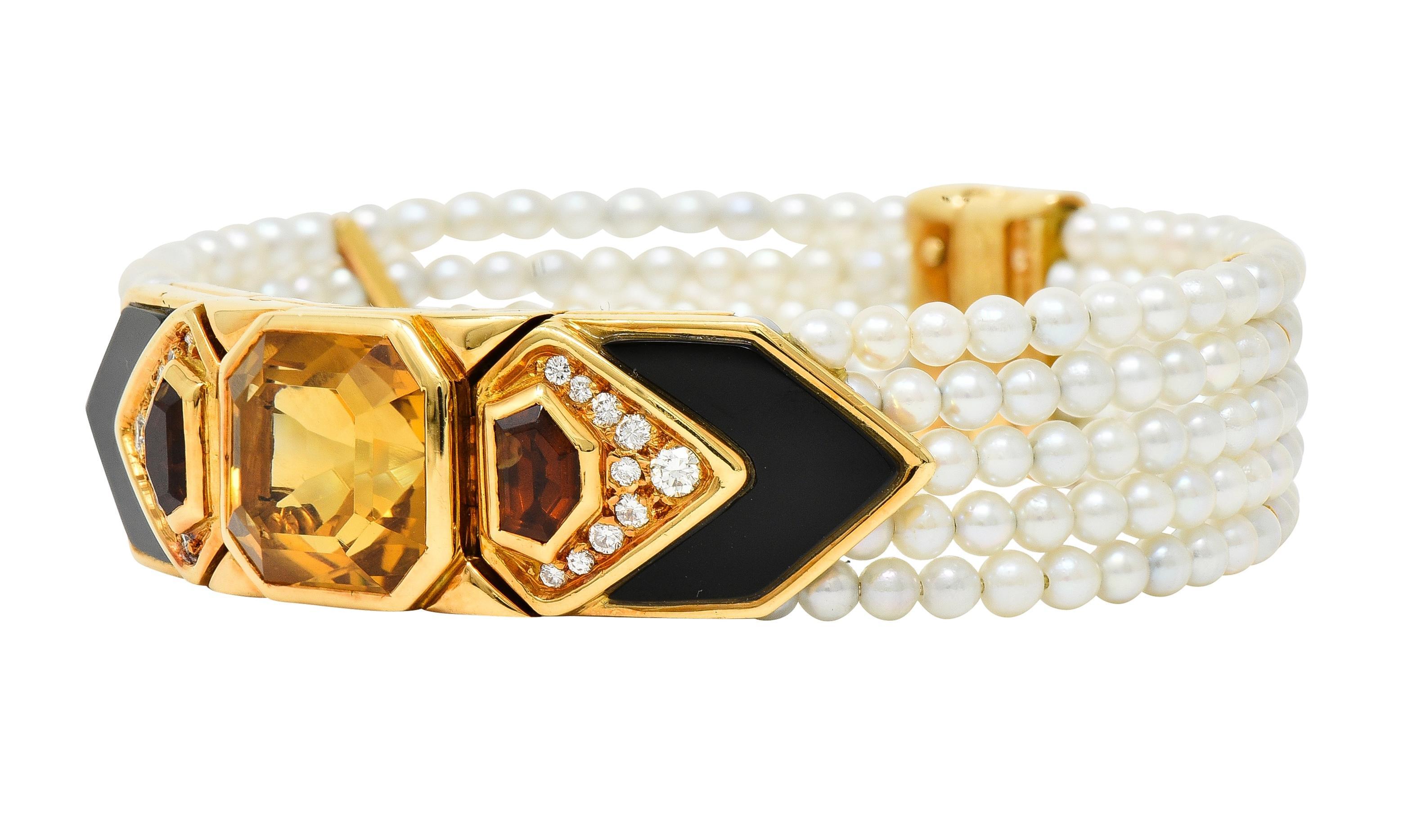 Marina B. French 1986 Citrine Diamond Onyx Pearl 18 Karat Gold Station Bracelet 2