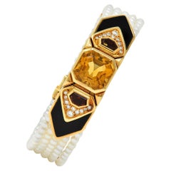Vintage Marina B. French 1986 Citrine Diamond Onyx Pearl 18 Karat Gold Station Bracelet