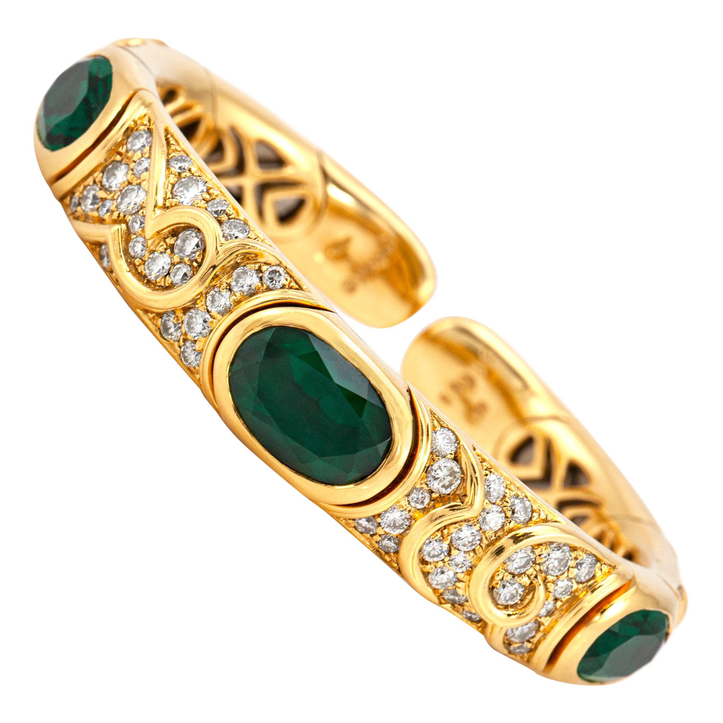 Marina B Gold Cuff Bracelet with Green Tourmaline and Diamonds