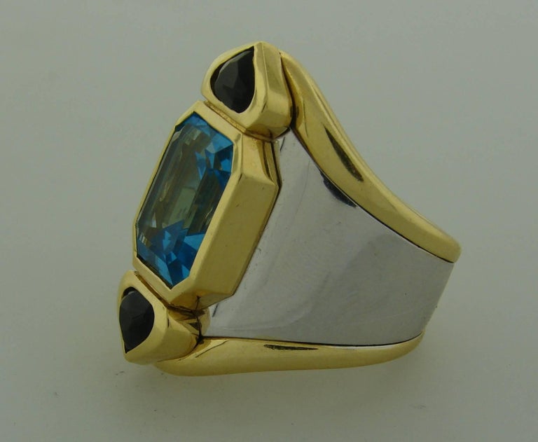 Emerald Cut Marina B Gold Ring with Blue Topaz Green Tourmaline 1980s For Sale