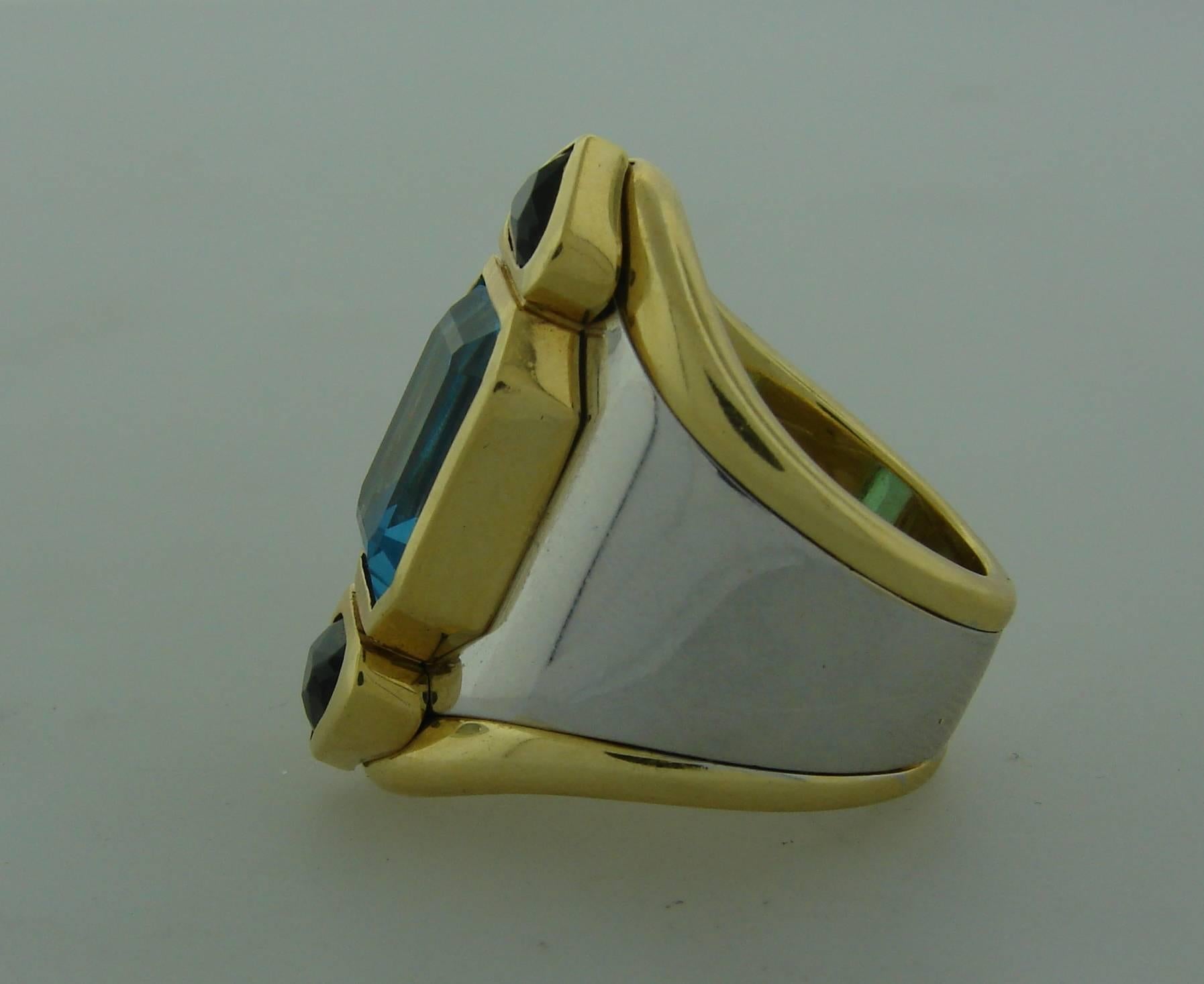 Emerald Cut Marina B Gold Ring with Blue Topaz Green Tourmaline 1980s