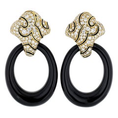 Vintage Marina B. Ken Diamond 18 Karat Yellow Gold Black Onyx Hoop Convertible Earrings