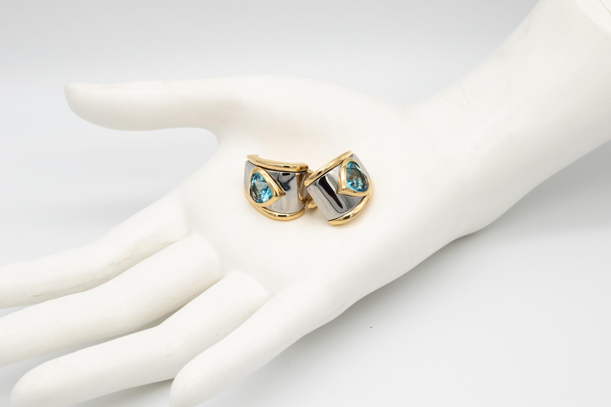 Nice pair of clips-earrings designed by Marina B. (Bvlgari).

Modern pieces made in Milan Italy by the jewelry house of Marina Bvlgari, at the end of the 20th century. These pair of earrings has been crafted in solid yellow gold of 18 karats and