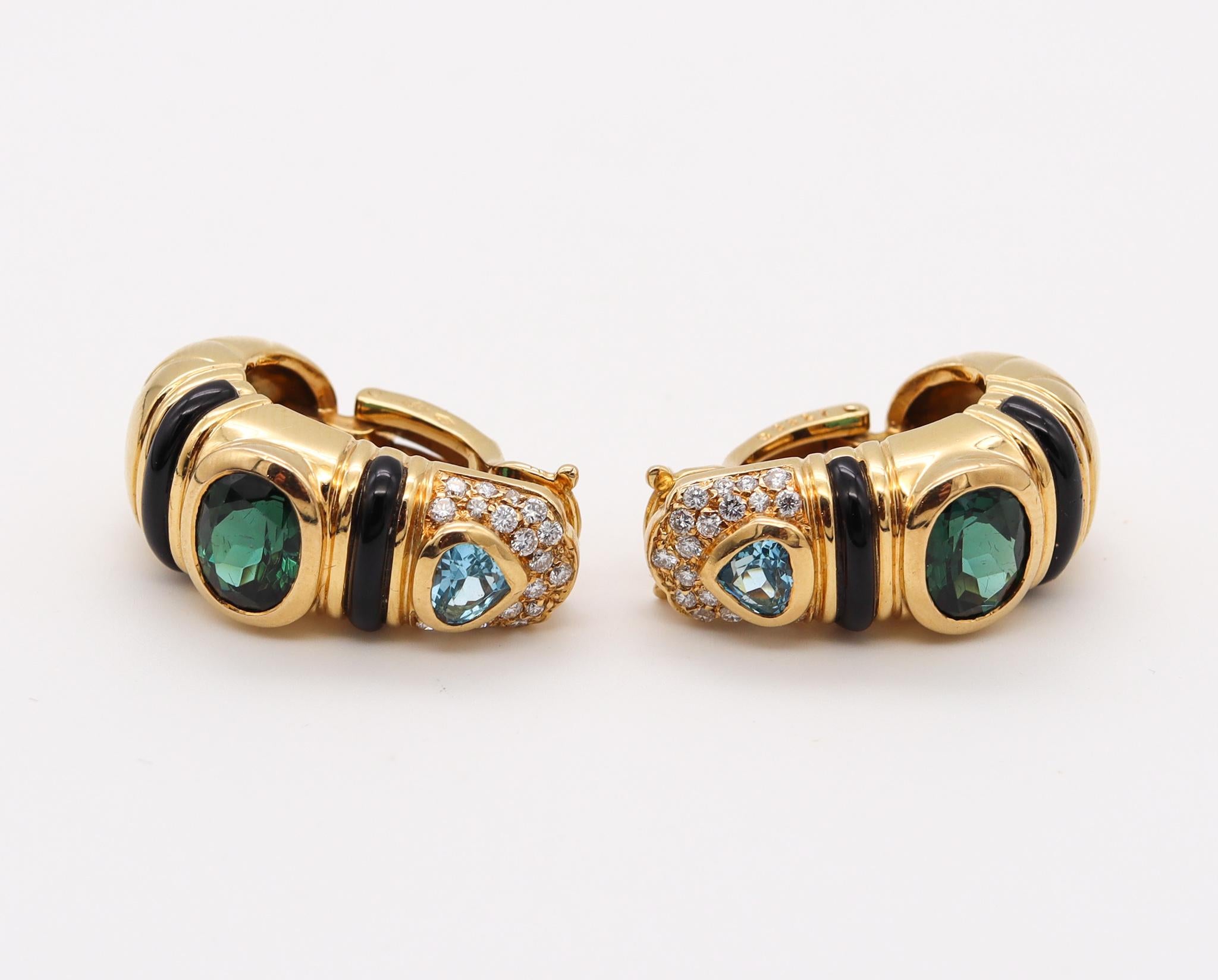 Modernist Marina B. Milan Earrings in 18Kt Yellow Gold with 8.23 Cts Diamonds & Gemstones