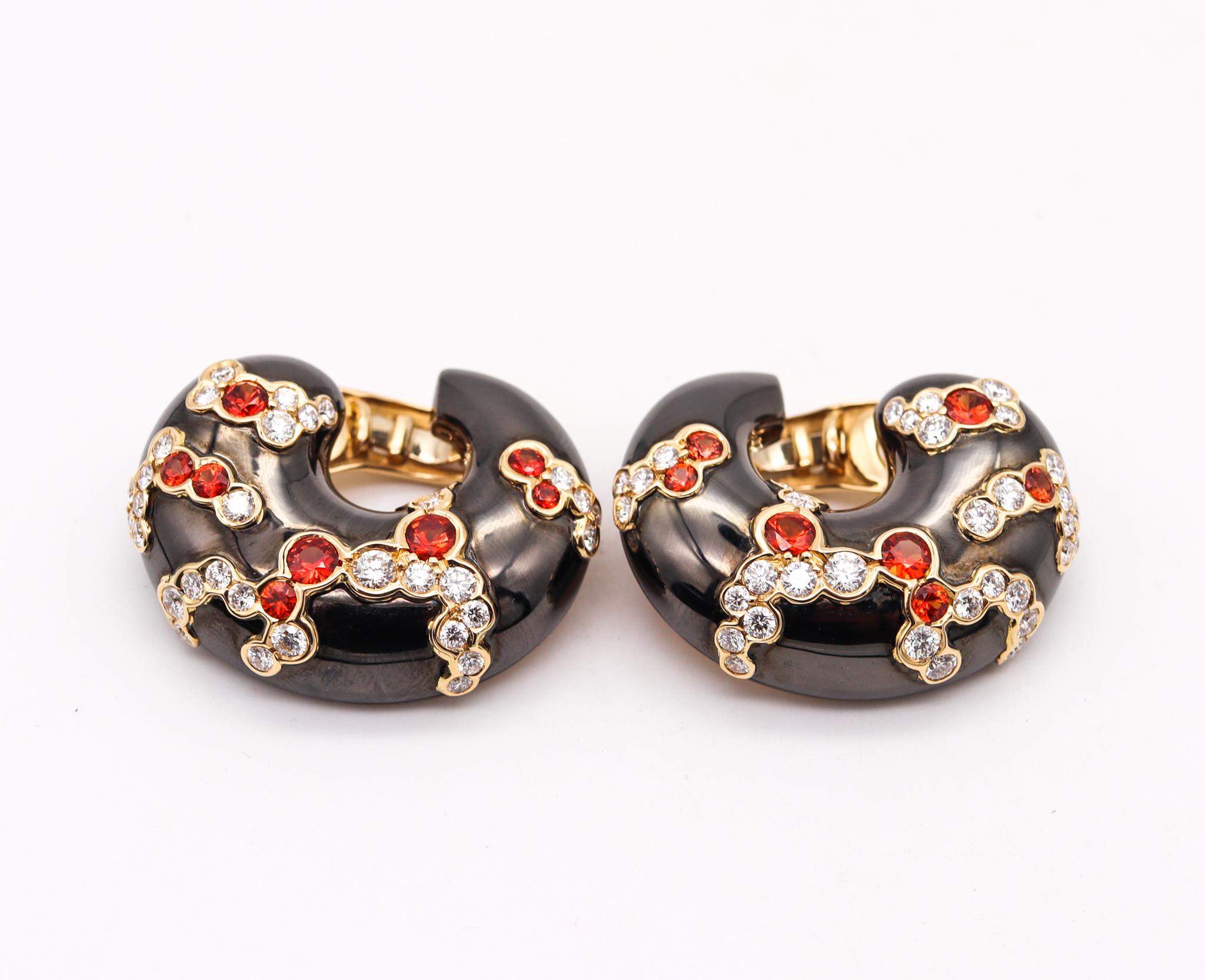 Modern Marina B. Milan Gem Set Earclips in 18Kt Gold with 8.26 Cts Diamonds & Sapphires