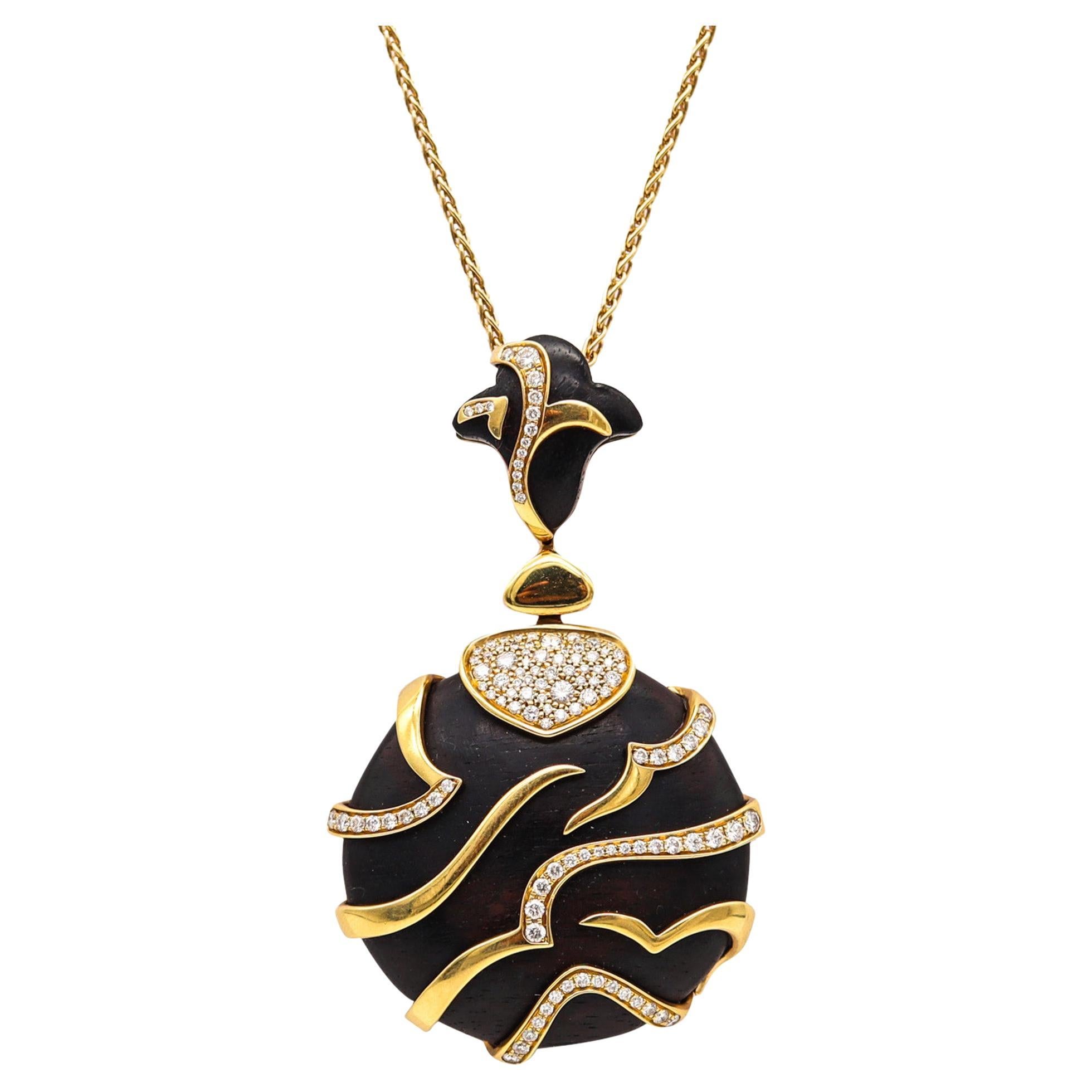 Marina B. Milan Long Necklace in Wood in 18Kt Yellow Gold and 1.54 Ctw Diamonds For Sale