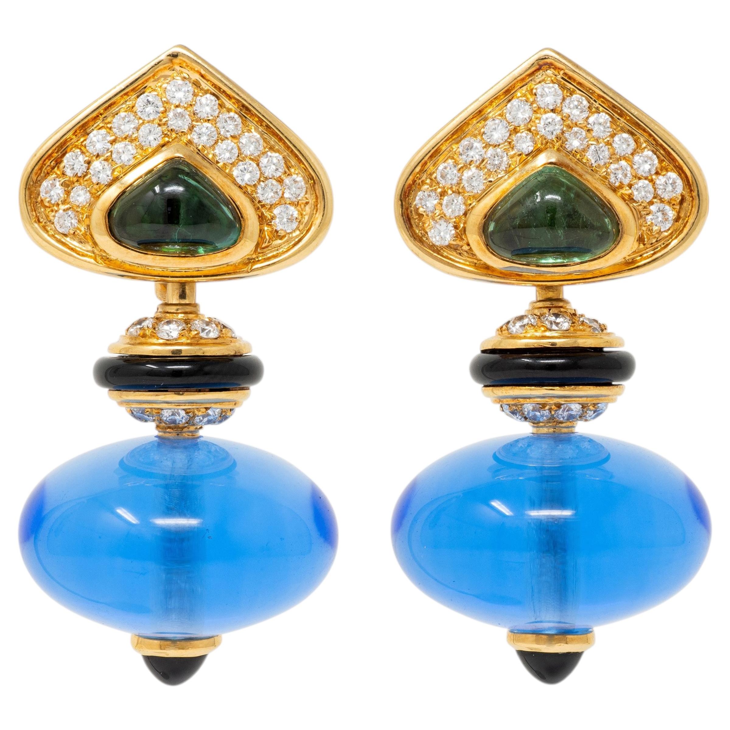 Marina B. Multi-Gem 18K Gold Vintage Interchangeable Pneu Drop Ear-Clip Earrings