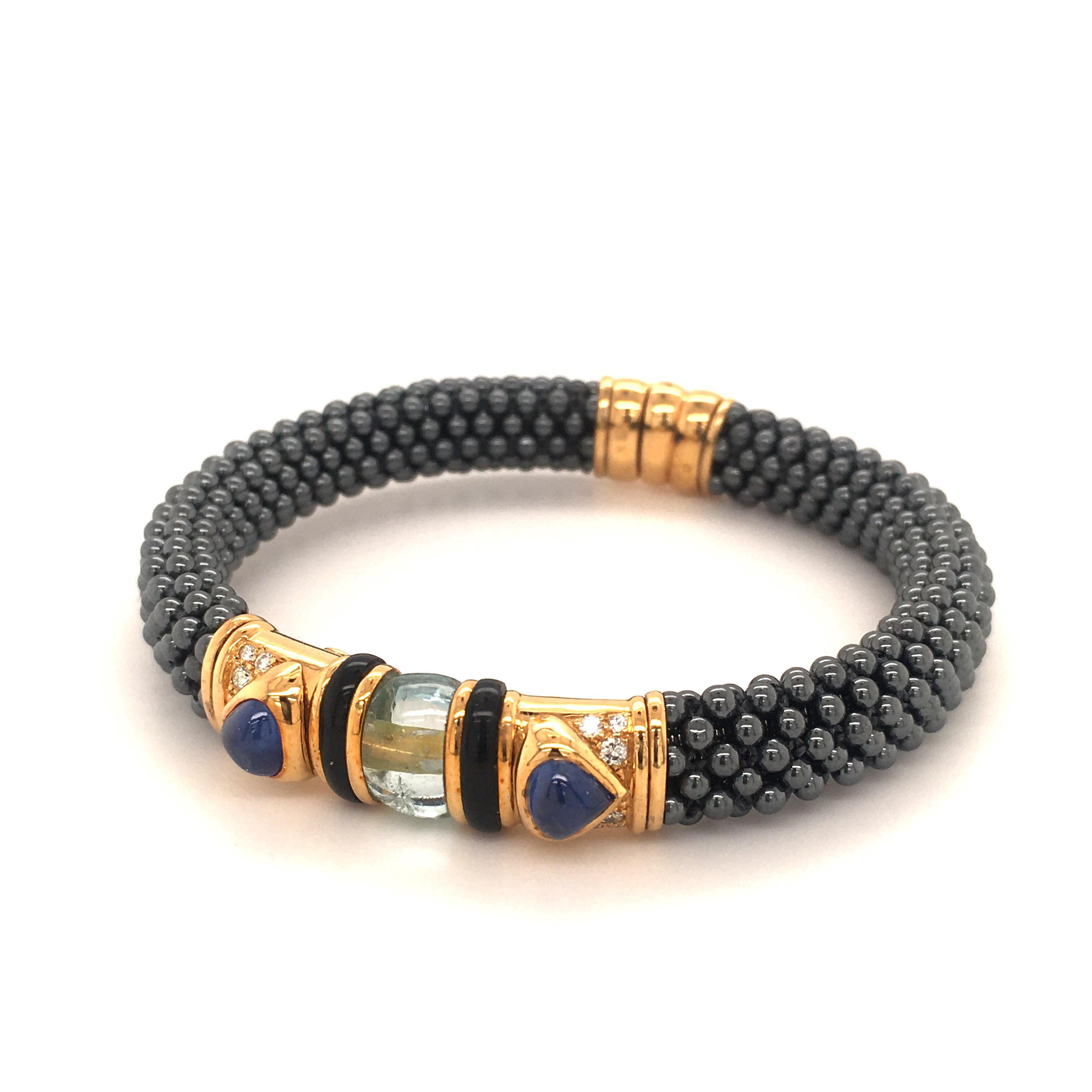 Modern Marina B 'Najwa' Bracelet with Hematite, Sapphire, Aquamarin and Diamonds