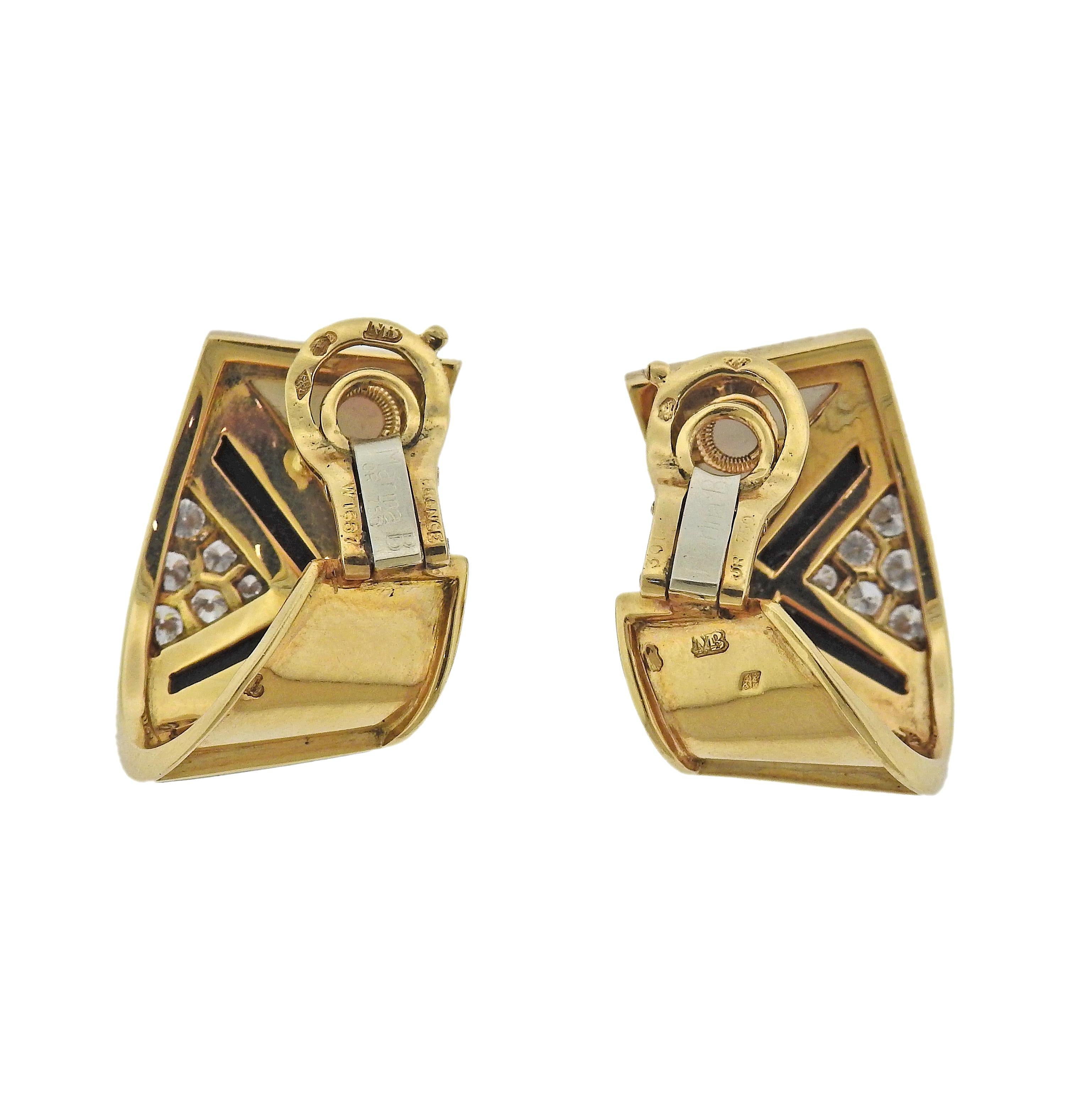 Pair of 18k gold earrings by Marina B, with onyx and mother of pearl inlay, surrounded with approx. 0.56ctw in G/VS diamonds. Earrings are 25mm x 15mm. Marked: Marina, B, MB, 750, W 1667. Weight - 15.1 grams.