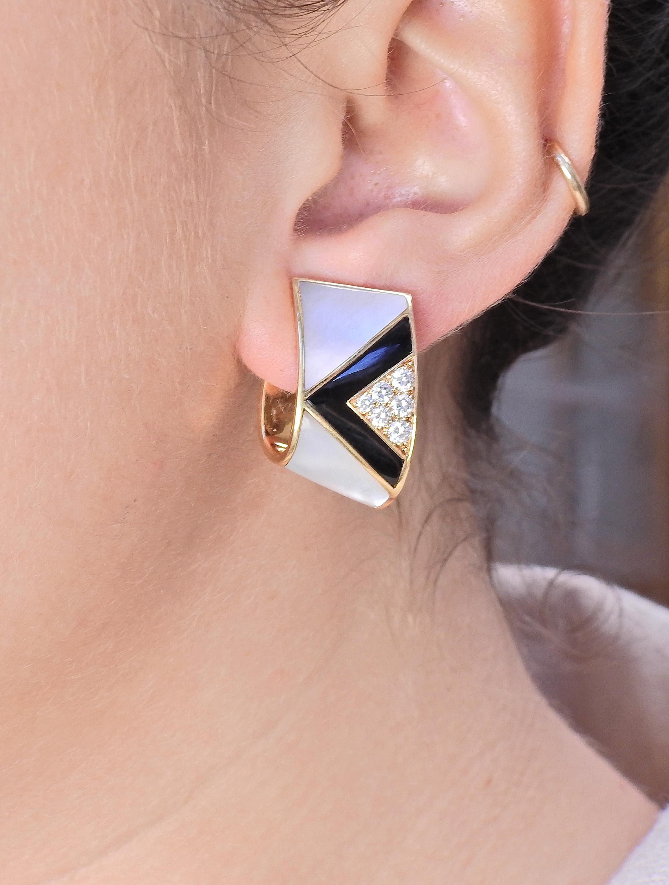 Marina B Onyx Mother of Pearl Inlay Diamond Gold Earrings In Excellent Condition In New York, NY