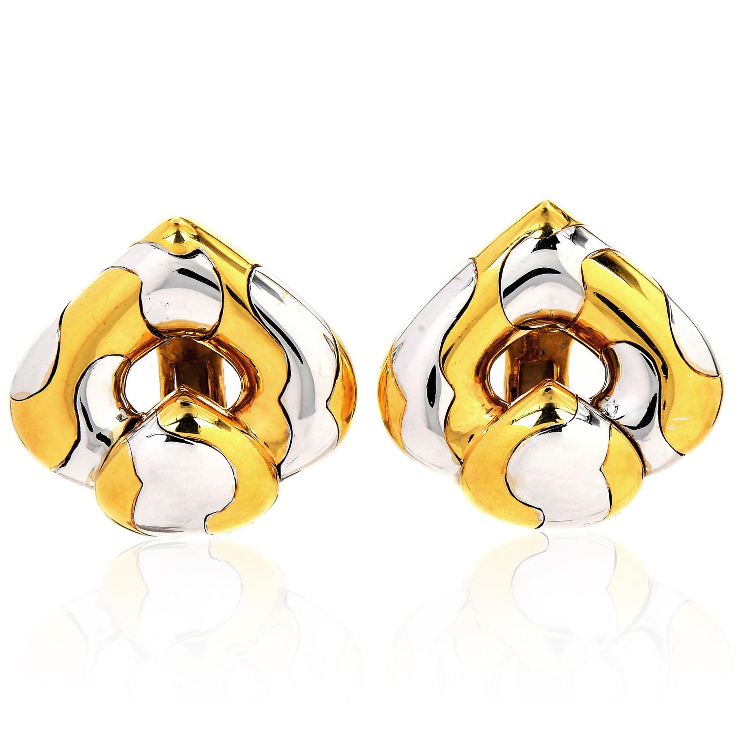Vintage Collectable Marina B Two Tone Gold Highly Polished Clip On Earrings.

From Pardy collection. These Stylish earrings are crafted in 18K Yellow Gold and Steel. From The Famous Designer Marina Bvlgari.

Secured by Omega Clip Ons for