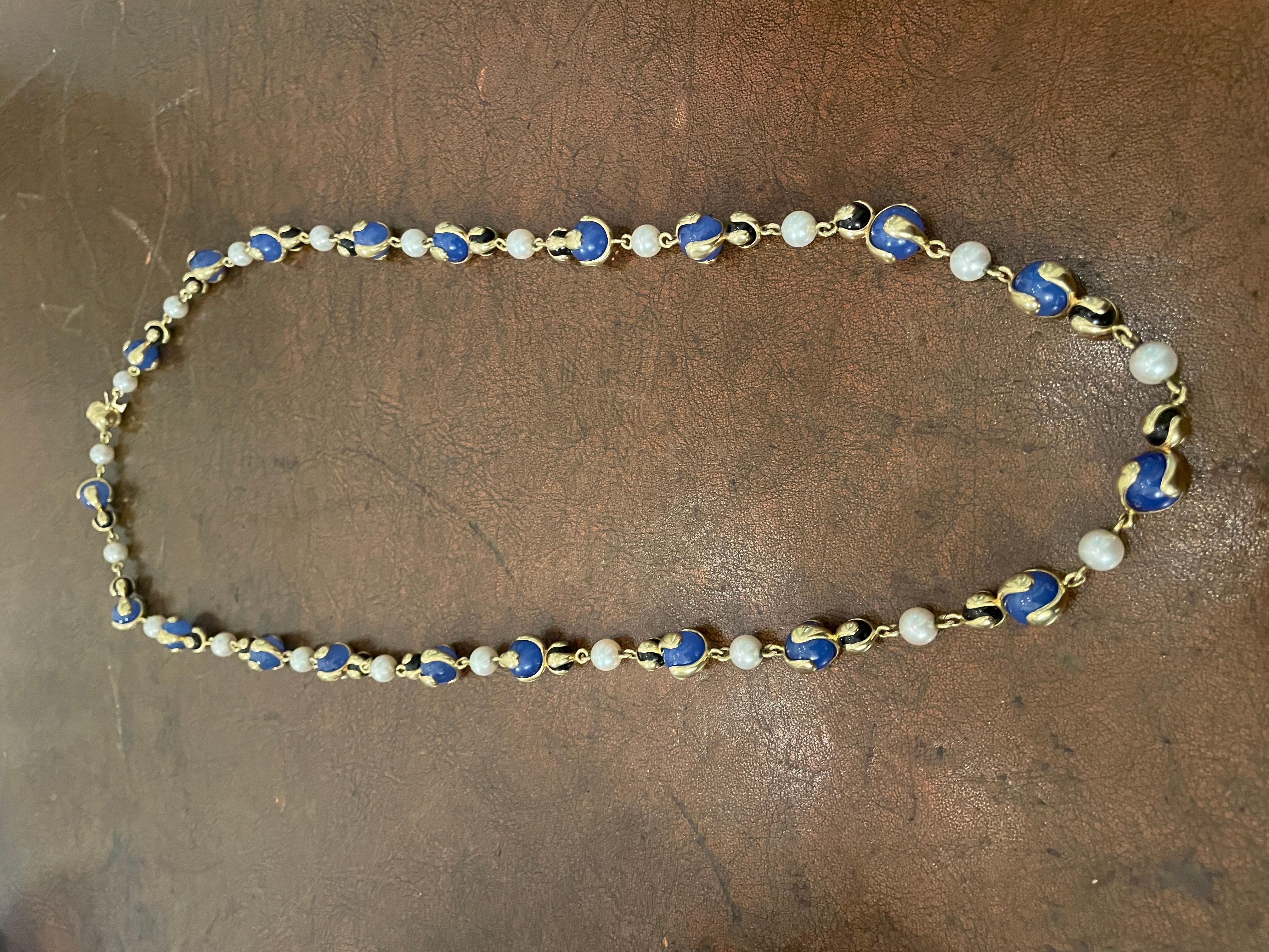 Marina B Pearl Blue Russian Quartz Onyx Bead Gold Necklace Cardan Long Necklace For Sale 3