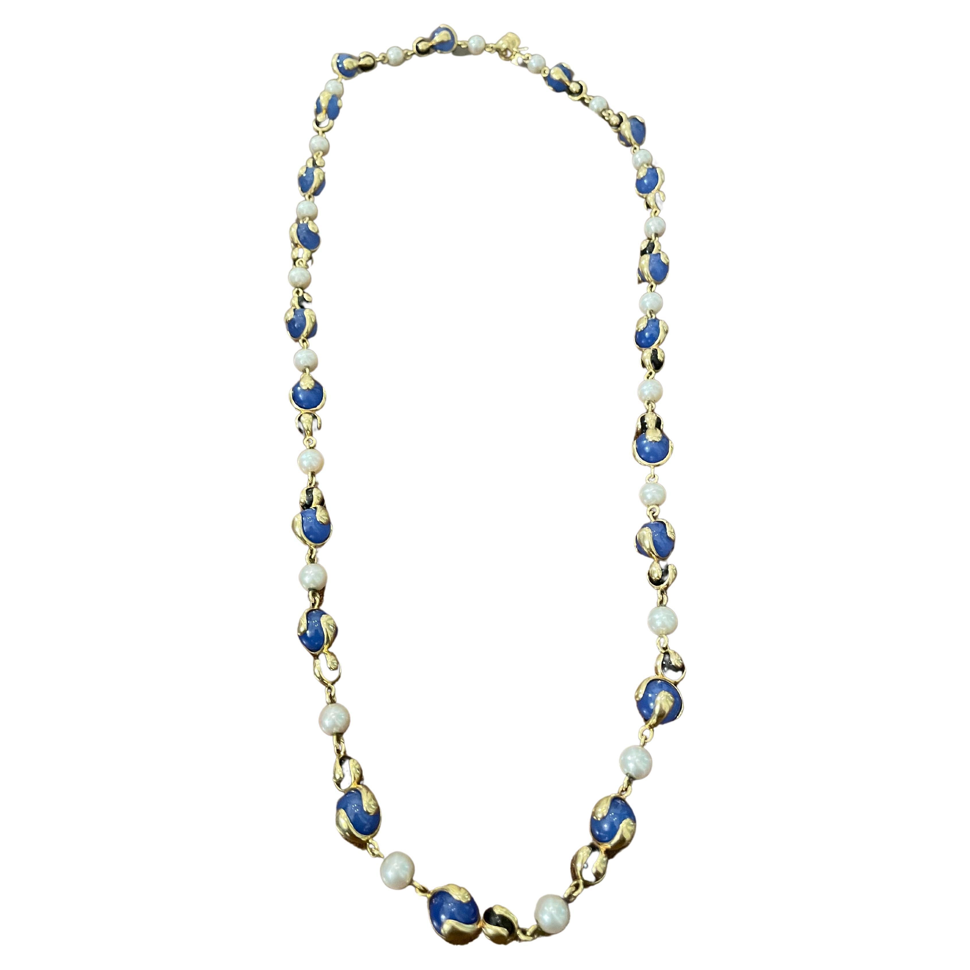 Marina B Pearl Blue Russian Quartz Onyx Bead Gold Necklace Cardan Long Necklace For Sale