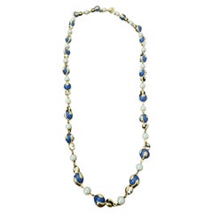Vintage Marina B Pearl Blue Russian Quartz Onyx Bead Gold Necklace Cardan Long Necklace