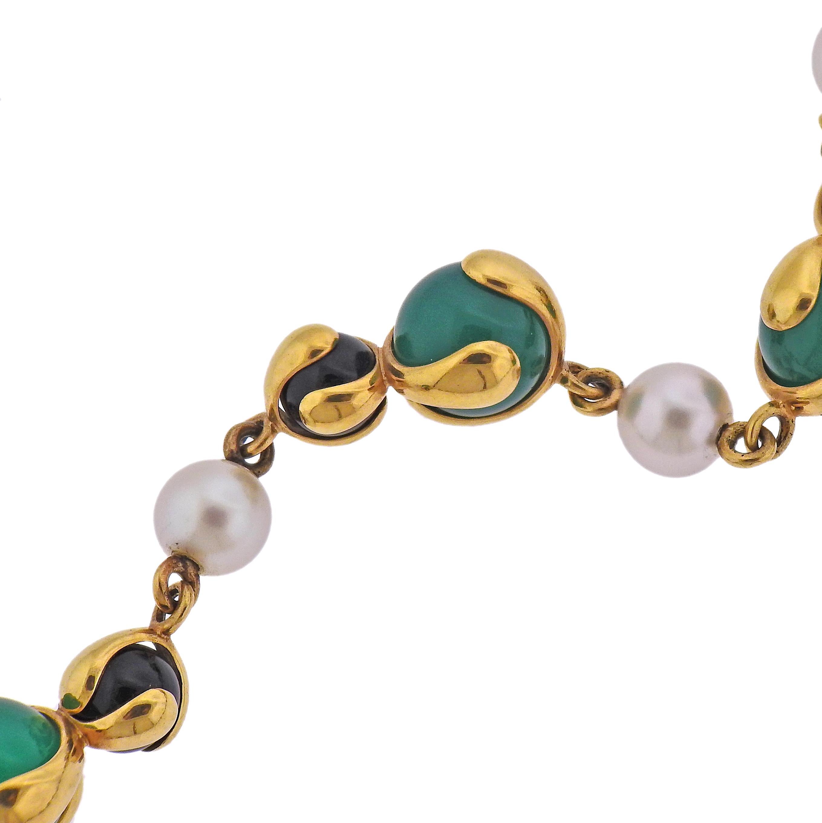 Long 18k gold necklace by Marina B, with 10.5mm chrysoprase, 7mm onyx and 8mm pearls. Necklace is 32