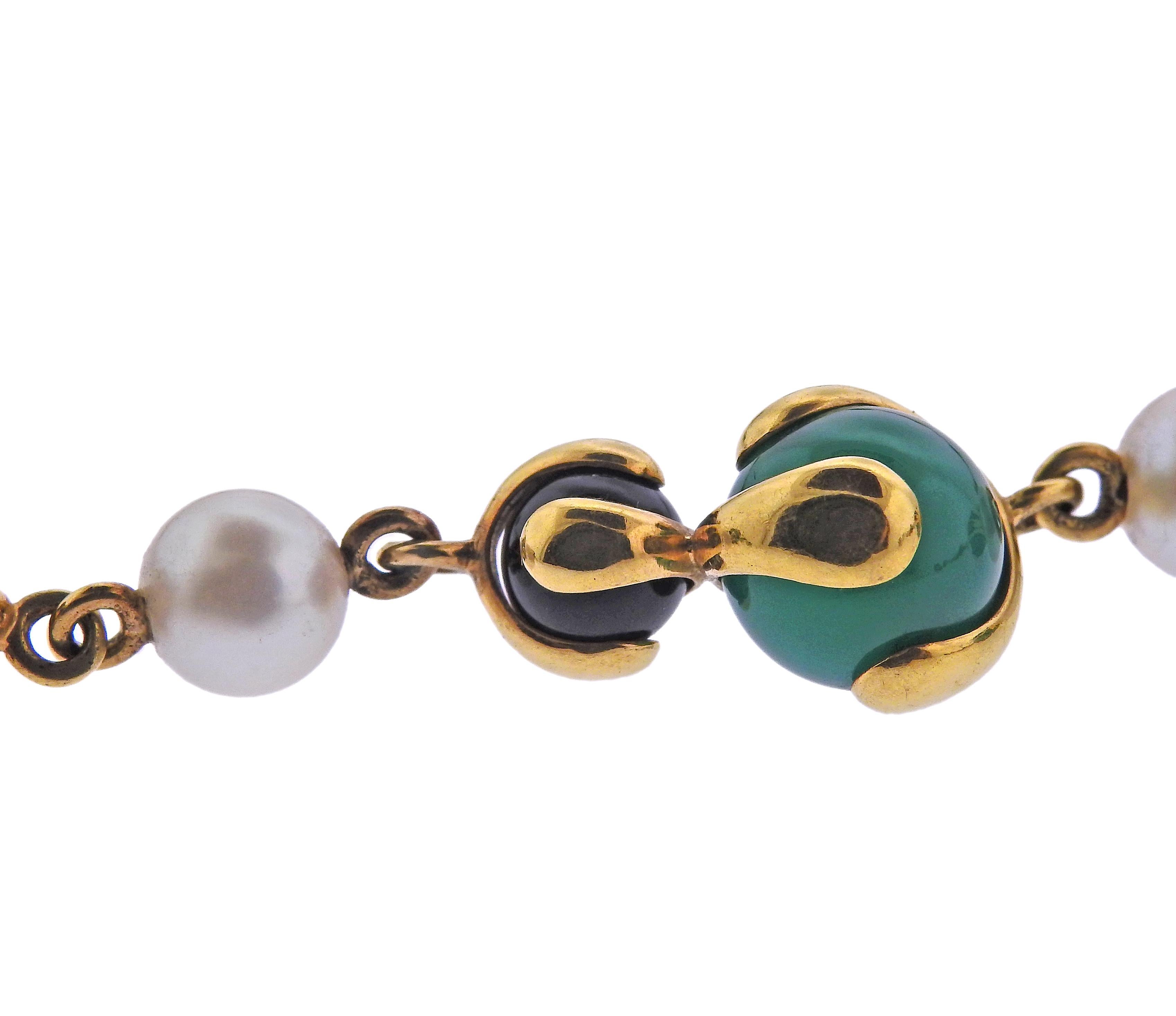 Round Cut Marina B Pearl Chrysoprase Onyx Bead Gold Necklace