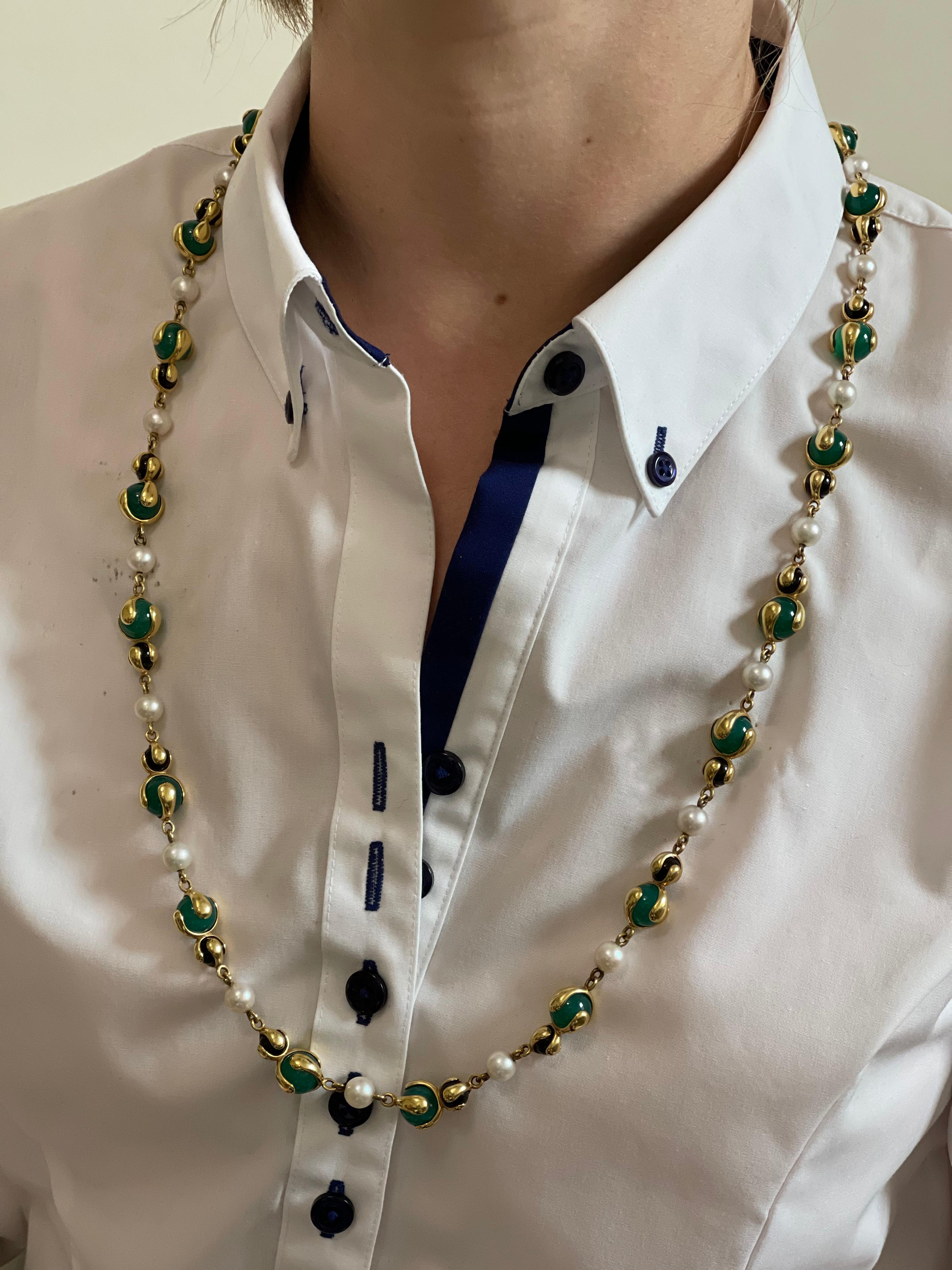 Marina B Pearl Chrysoprase Onyx Bead Gold Necklace In Excellent Condition In New York, NY