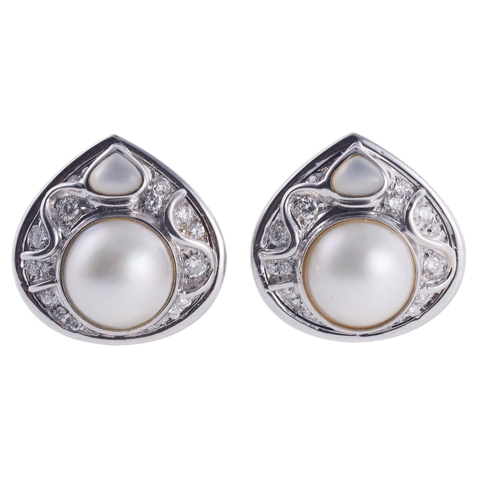 Marina B Pearl Diamond Gold Earrings For Sale