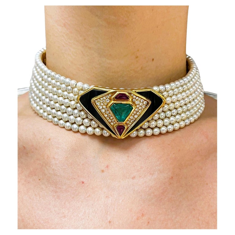 Marina B Pearl Gemstones Collar Necklace Vintage Jewelry