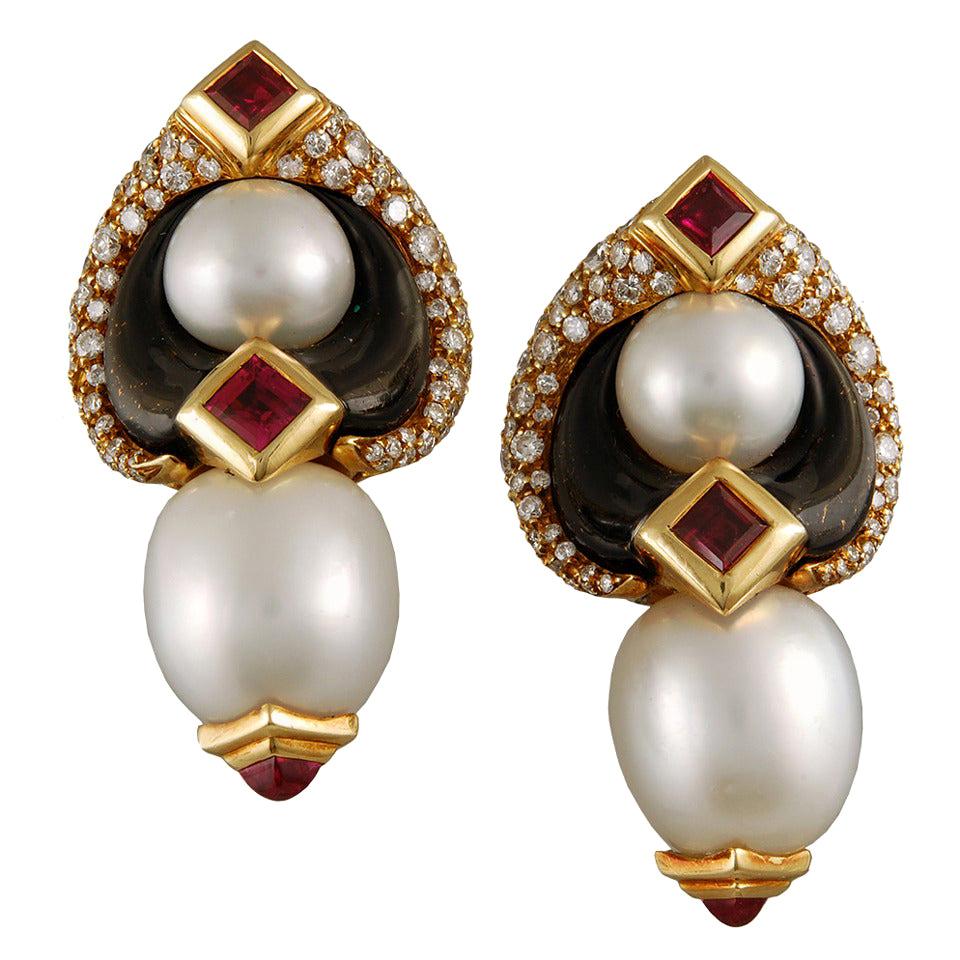 Marina B. Pearl Tourmaline Diamond Gold Earclips For Sale