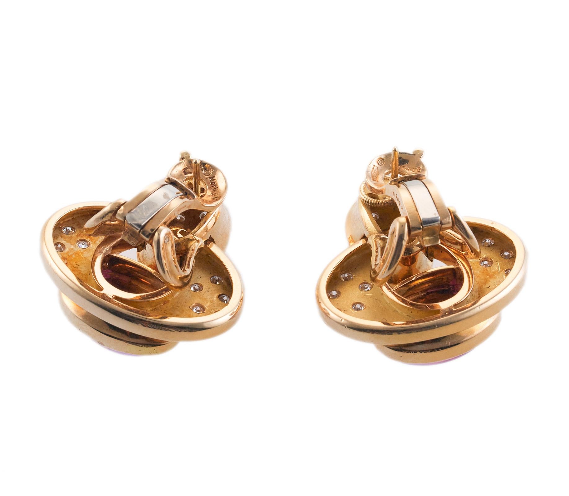 Cabochon Marina B Pink Tourmaline Diamond Gold Earrings For Sale