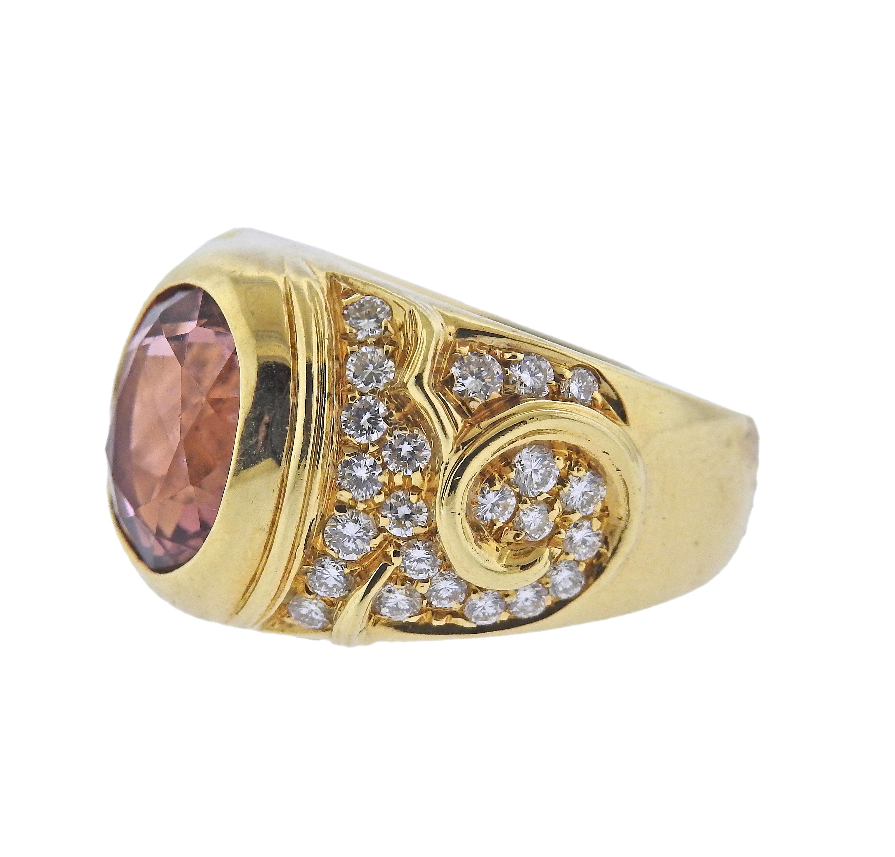 18k gold ring by Marina B, with center approx. 2.85ct pink tourmaline, surrounded with approx. 1.20ctw in G/VS diamonds. Ring size - 7, open cuff design. Top is 14mm wide. Marked: Marian B, MB, C2144, 750. Weight - 13.4 grams.