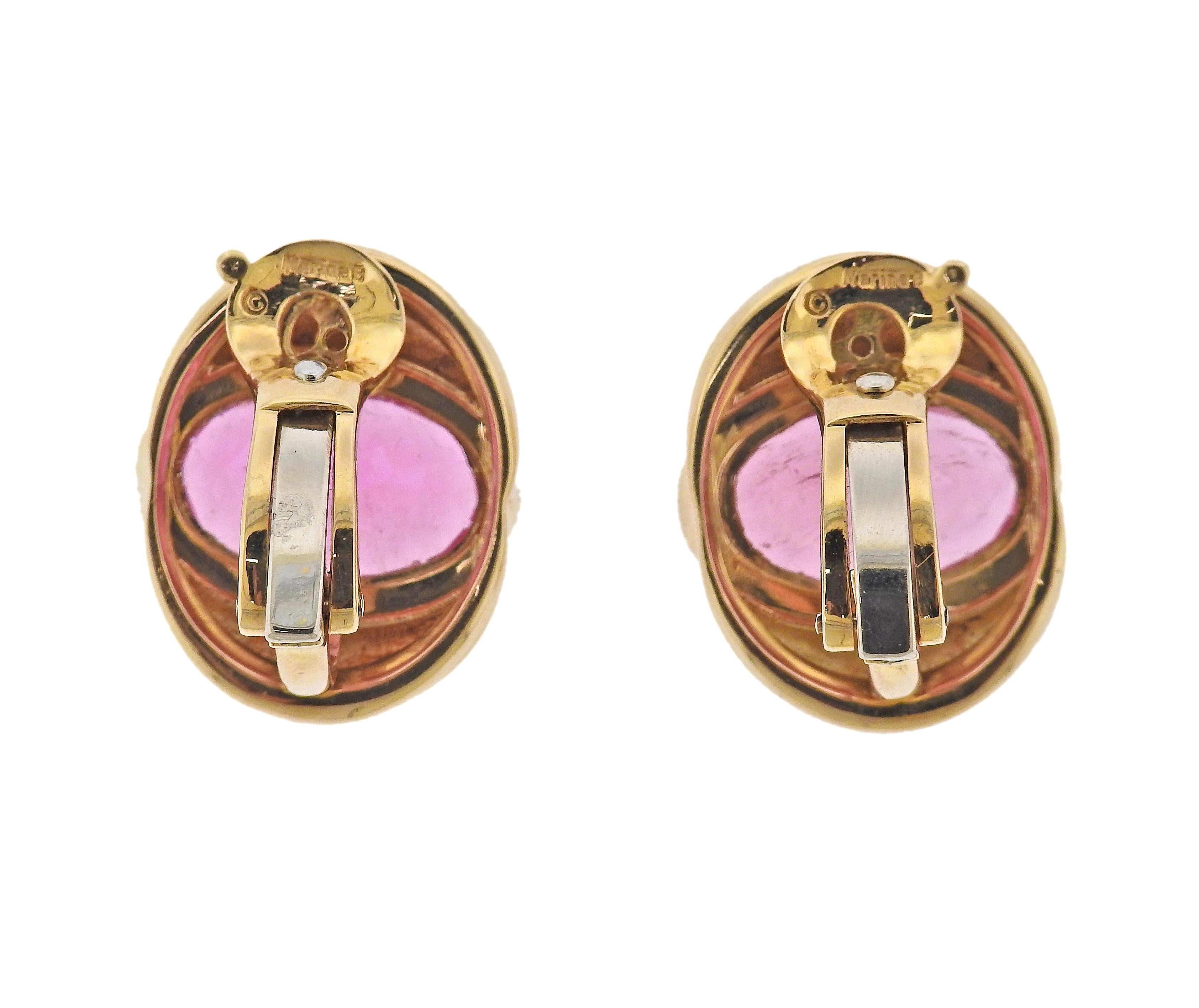 Pair of 18k gold Marina B earrings, with oval pink tourmalines in the center, approx. 6ct each. Earrings measure19mm x 24mm. Marked: Marina B, MB, C2638, 750. Weight - 25.4 grams.