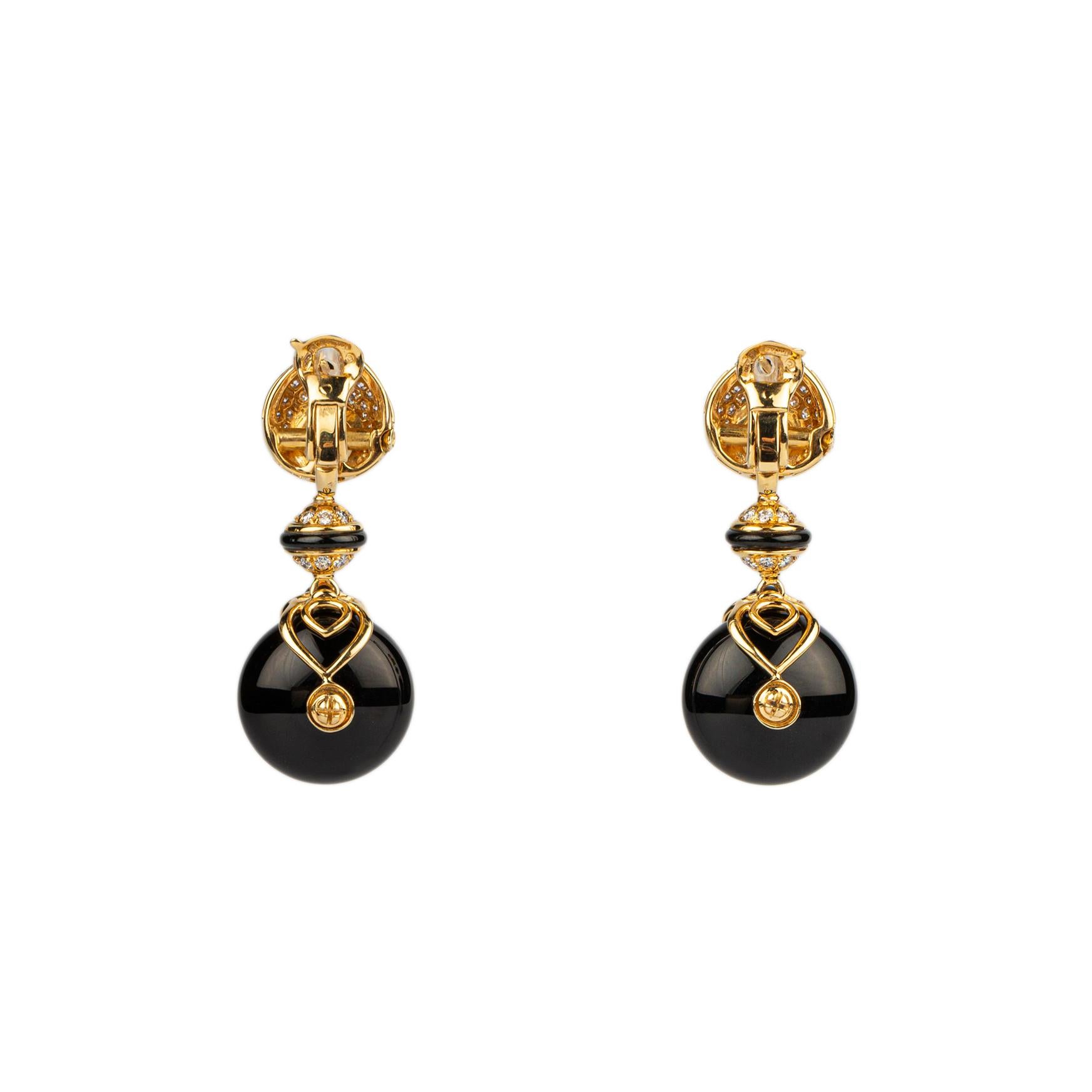 A chic pair of Marina B Pneu Ear-Pendants with Diamond, Onyx, and Citrines. Made in Italy, circa 1980. 