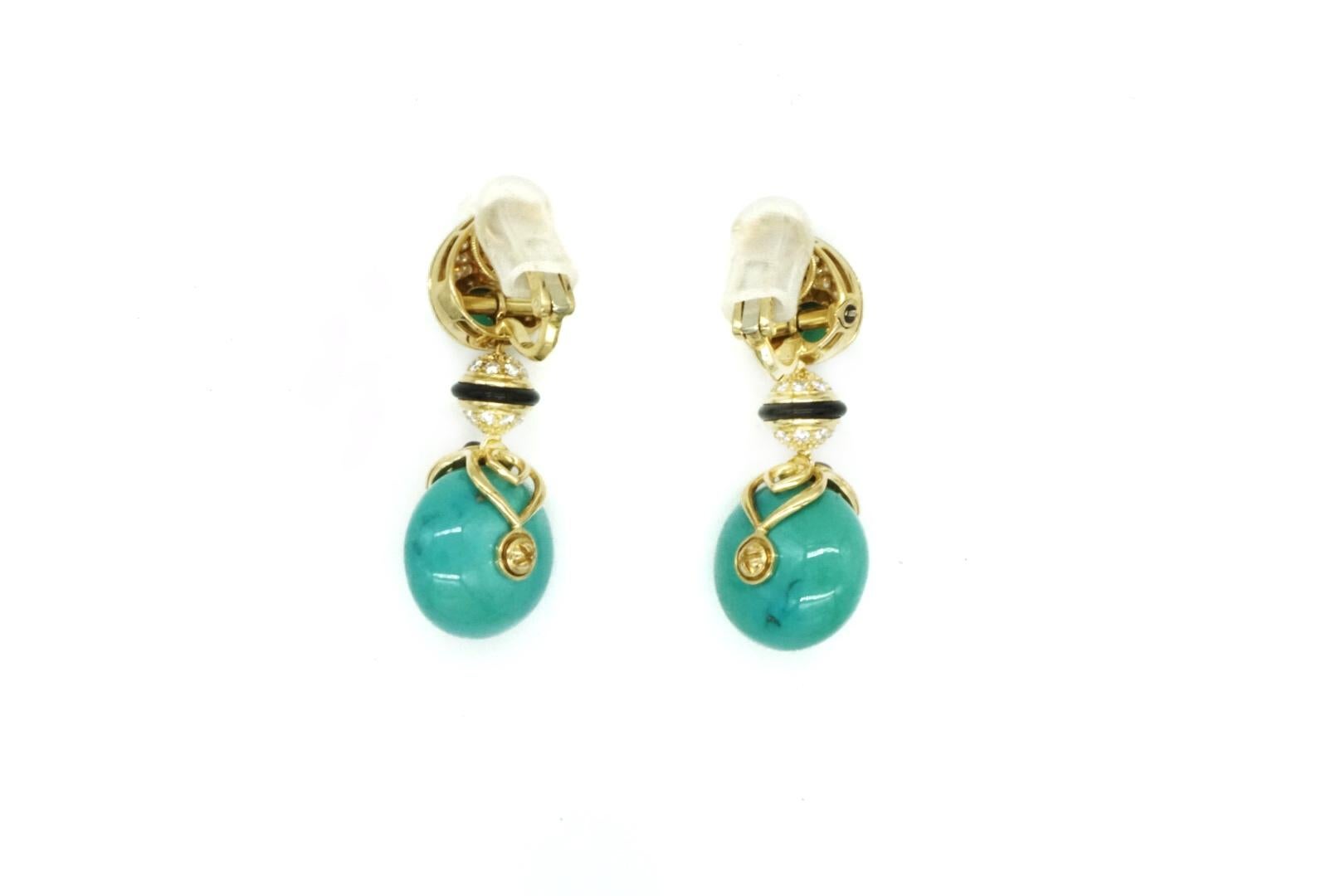 Marina B “Pneum” Ear-pendants in 18kt Yellow Gold with diamonds, crysophrase, onyx and turquoise. Made in Italy, circa 1980