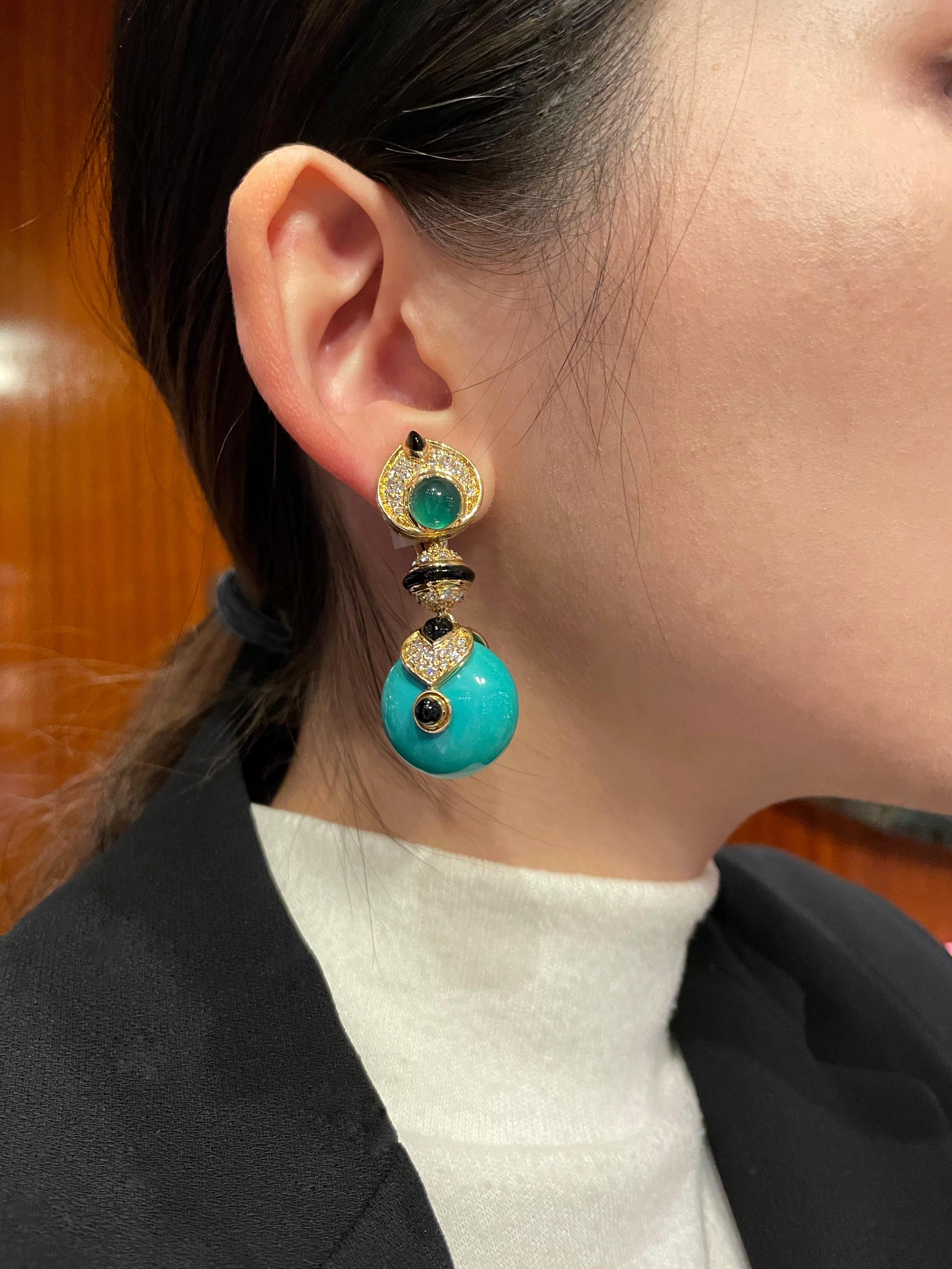 Brilliant Cut Marina B “Pneum” Turquoise Diamond and Gold Ear-Pendants