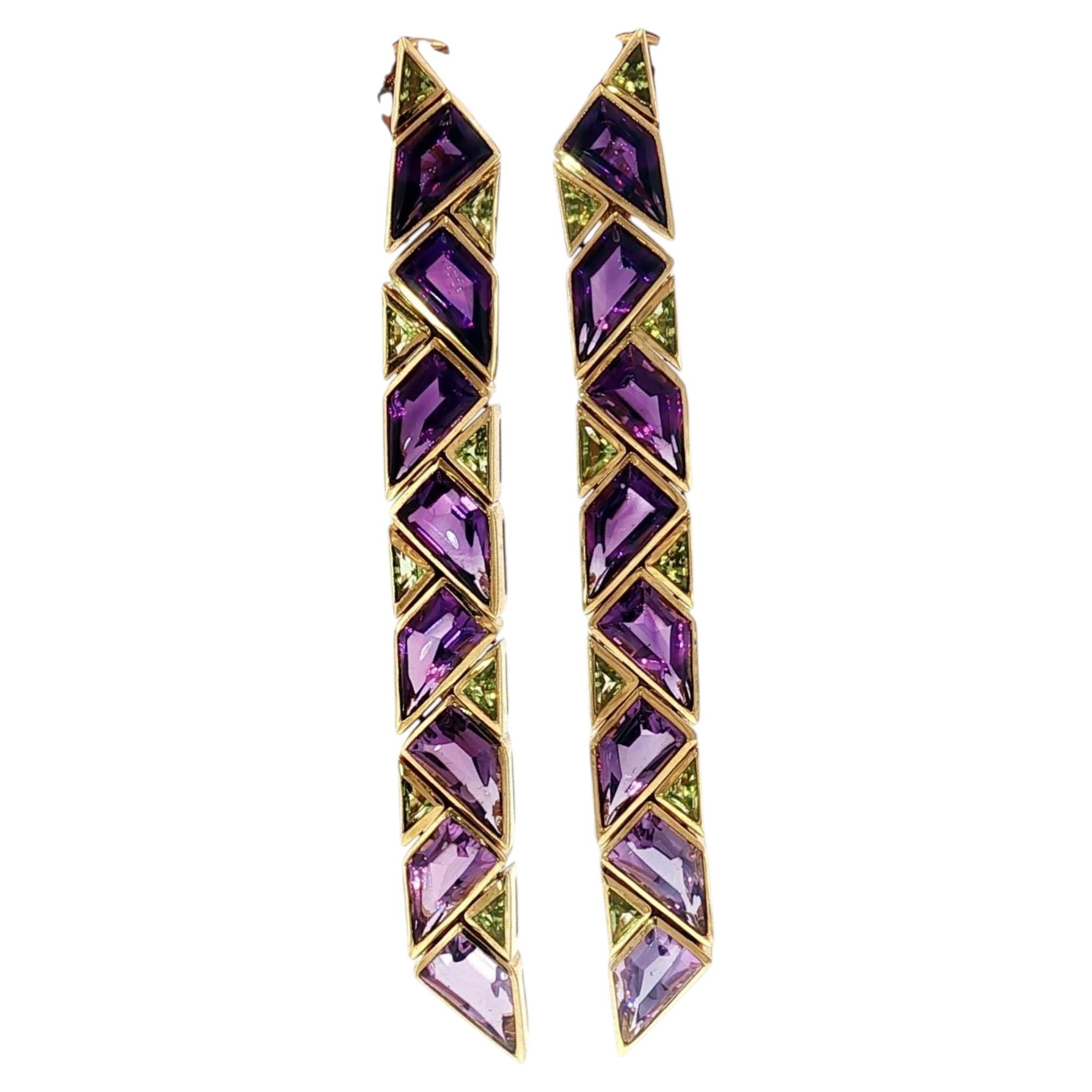 Pre-owned Marina B Drop Earrings 18k Yellow Gold Amethyst Peridot Pyramid Set, Circa 1990s