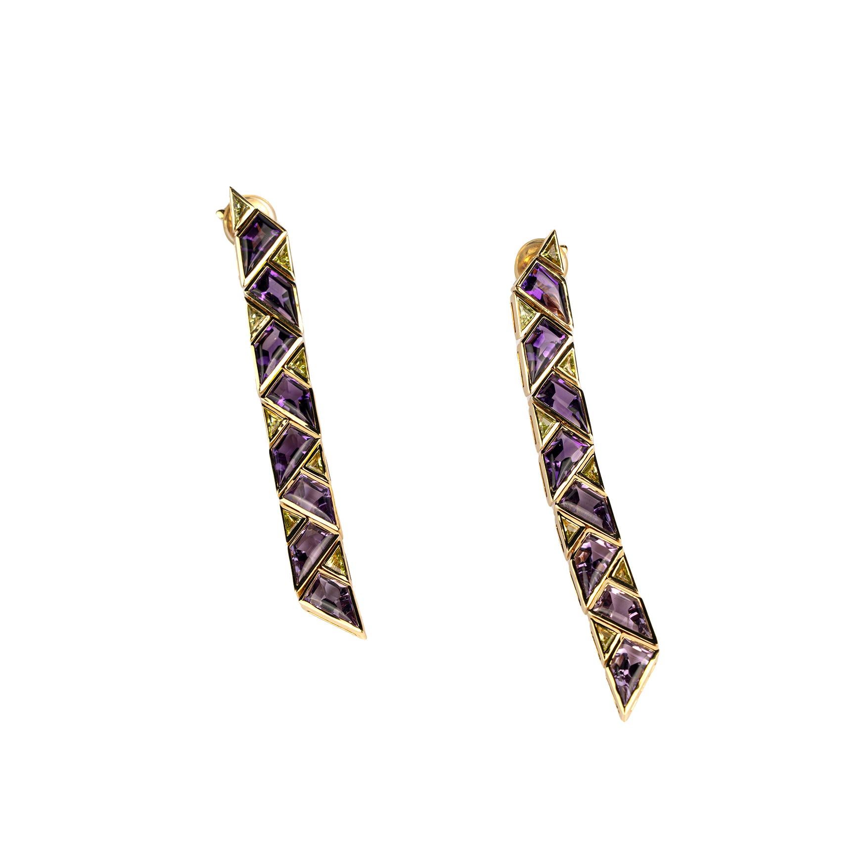 An exquisite pair of Marina B 'Pyramide' Earrings in 18k yellow gold with purple and green topaz. Made in Italy, circa 1989.