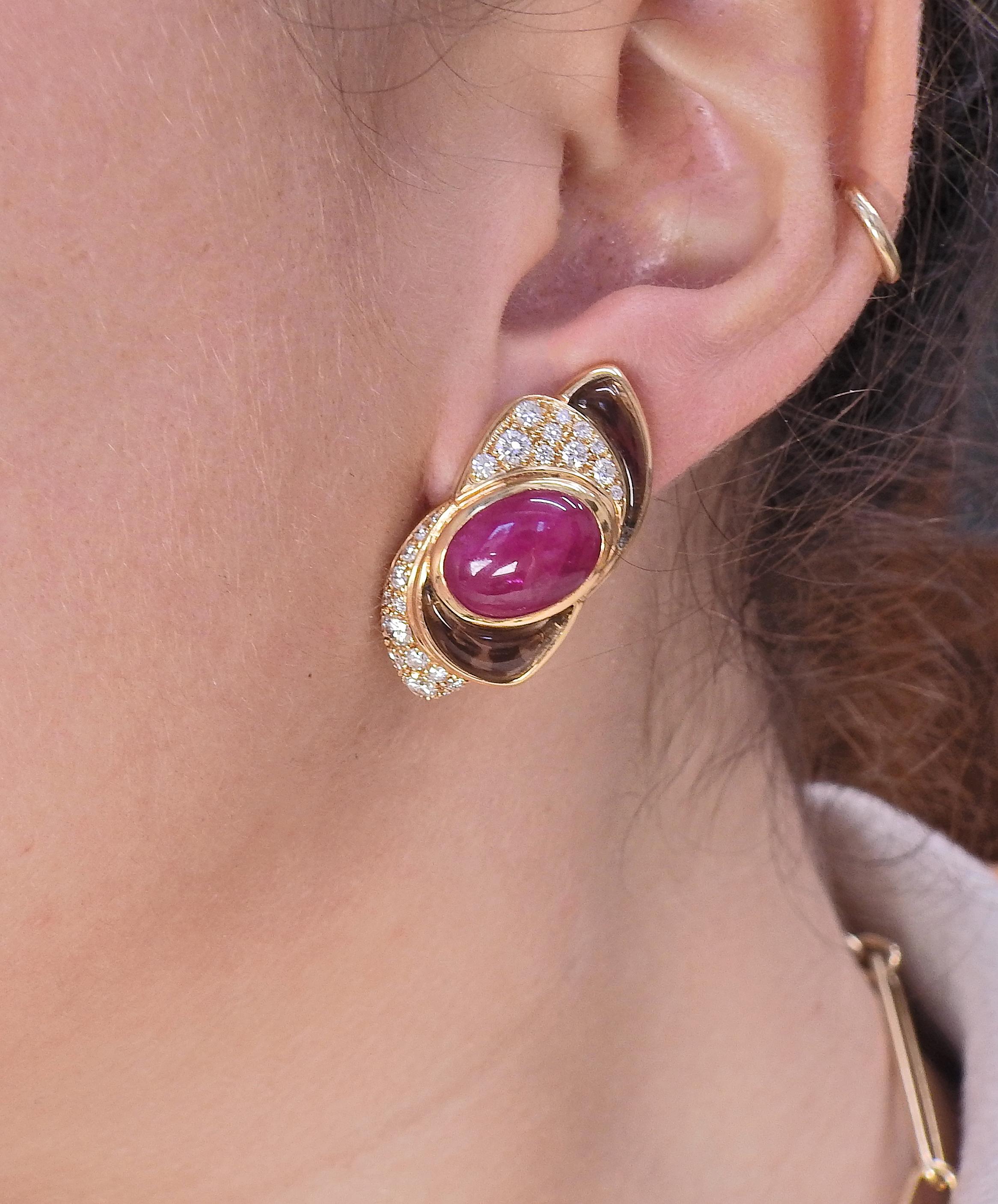 Women's Marina B Ruby Cabochon Diamond Gold Earrings