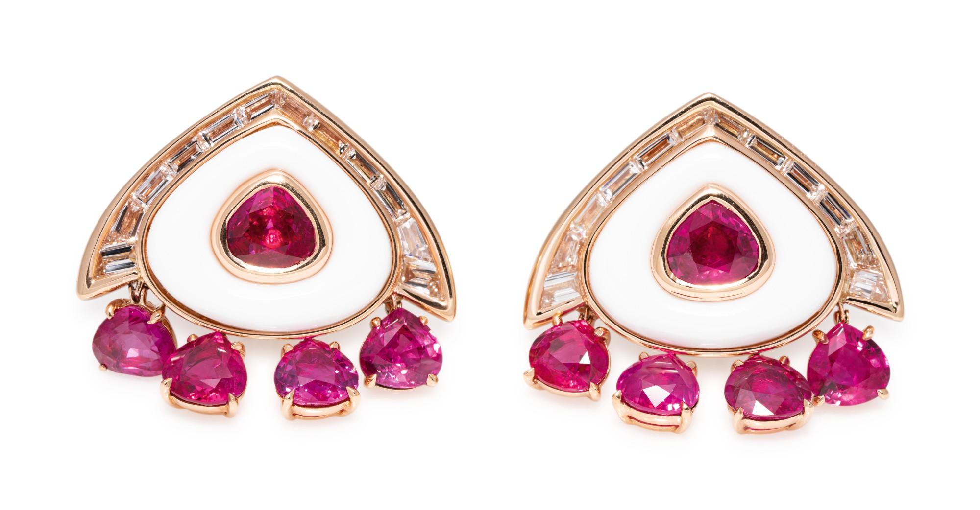 Marina B Ruby Diamond Cocholong White Opal Earclips In Excellent Condition In New York, NY