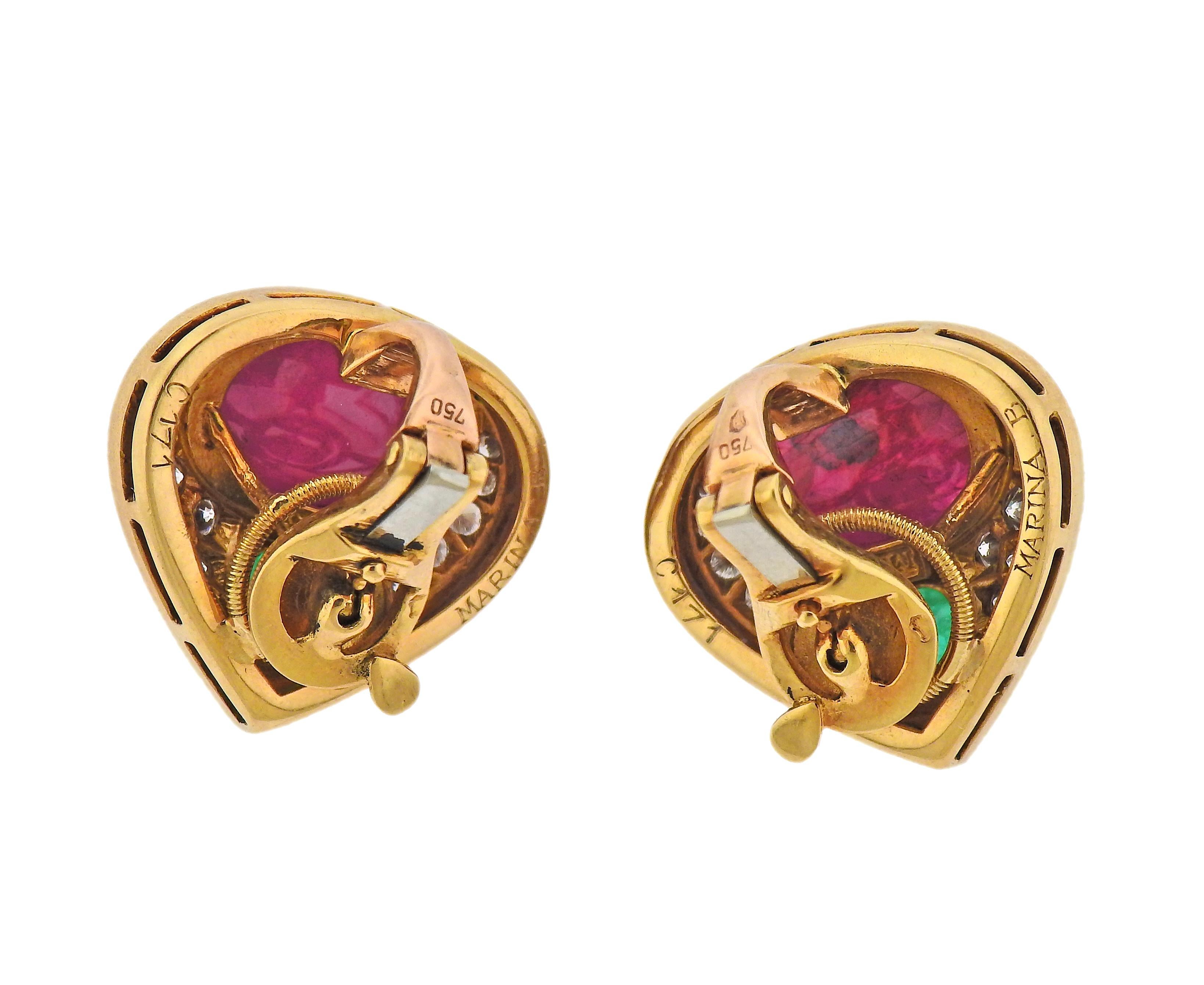 Pair of 18k yellow gold earrings by Marina B, with ruby, emerald cabochons and approx. 1.00cts in diamonds. Earrings are 20mm x 20mm. Marked: Marina B, C171, 750. Weight - 18.3 grams. 