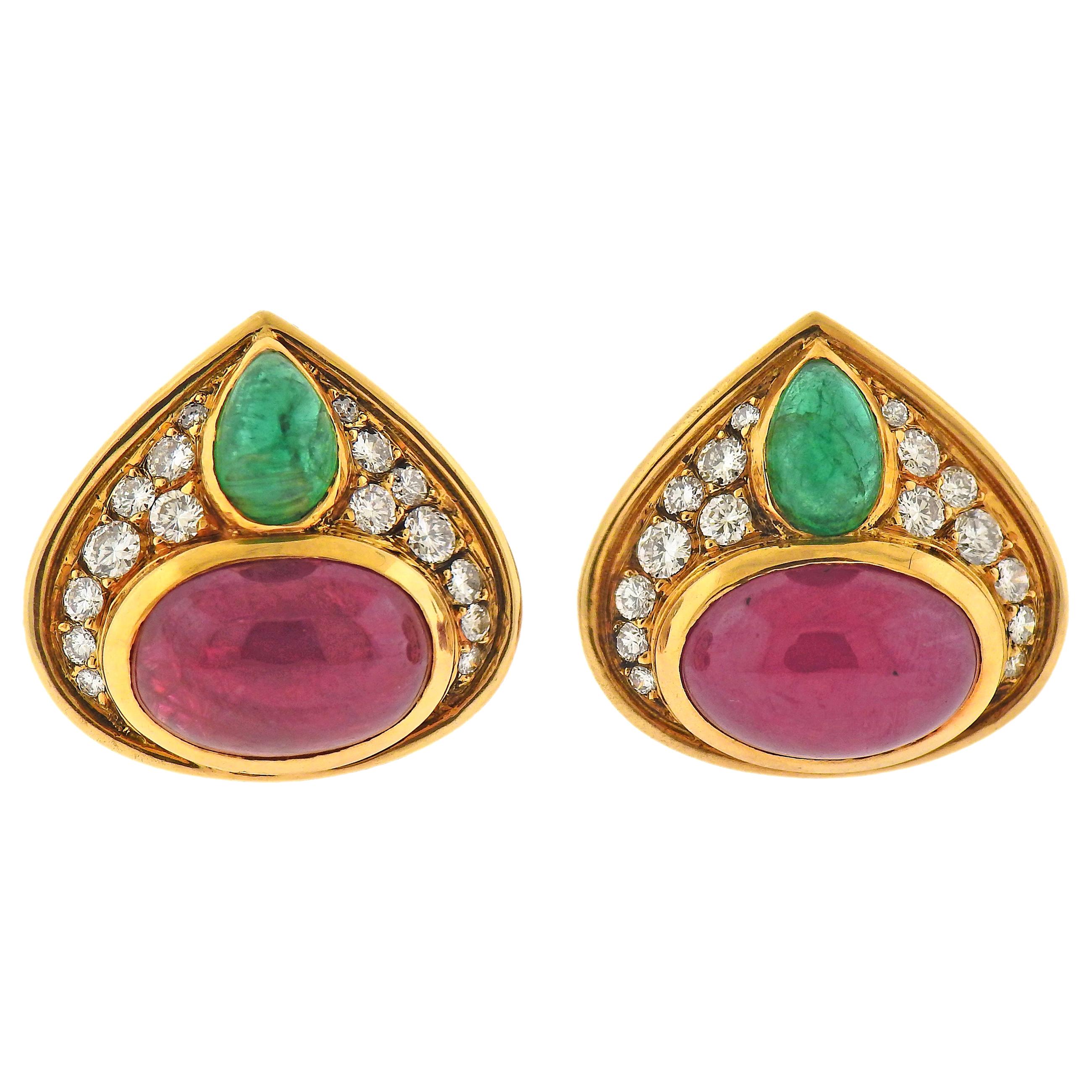 Marina B Ruby Emerald Diamond Gold Earrings For Sale